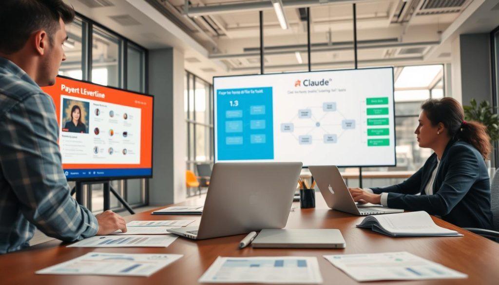 A modern office environment featuring two professionals, one presenting on a large screen in PowerPoint and the other working with Excel on a laptop. In the foreground, a vibrant conference table with charts and data analysis papers, symbolizing collaboration. In the middle ground, a large screen displays a detailed flowchart labeled "Claude操作流程," illustrating the integration of AI tools in office tasks. The background shows an open office space with large windows letting in natural light, enhancing the atmosphere of innovation and productivity. Use soft, professional lighting to create a warm, welcoming mood. Capture the scene from a slightly elevated angle to emphasize the interaction among colleagues and the technology at work. A modern office environment featuring two professionals, one presenting on a large screen in PowerPoint and the other working with Excel on a laptop. In the foreground, a vibrant conference table with charts and data analysis papers, symbolizing collaboration. In the middle ground, a large screen displays a detailed flowchart labeled "Claude操作流程," illustrating the integration of AI tools in office tasks. The background shows an open office space with large windows letting in natural light, enhancing the atmosphere of innovation and productivity. Use soft, professional lighting to create a warm, welcoming mood. Capture the scene from a slightly elevated angle to emphasize the interaction among colleagues and the technology at work.