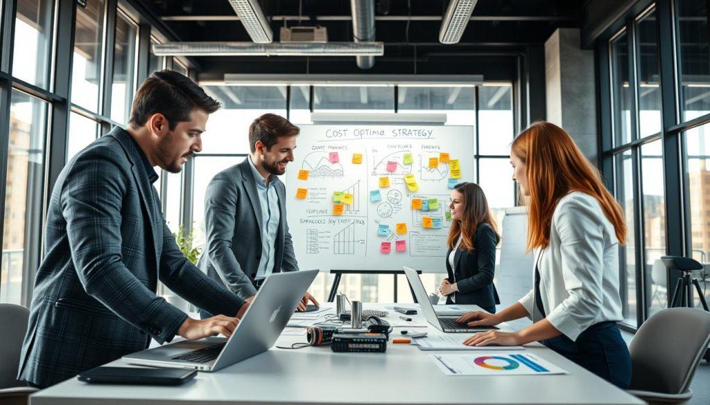 A modern office environment showcasing a diverse team of professionals collaborating on cost optimization strategies. In the foreground, a group of three individuals, one male and two females, are gathered around a large table with laptops, charts, and graphs illustrating cost structures. The middle layer features a whiteboard filled with colorful sticky notes and diagrams on improving operational efficiency. The background depicts large windows with natural light streaming in, illuminating the workspace, creating an atmosphere of productivity and innovation. The team members are dressed in professional business attire, engaged in discussion. The image should have a bright and inspiring mood, capturing the essence of teamwork in optimizing business costs. A modern office environment showcasing a diverse team of professionals collaborating on cost optimization strategies. In the foreground, a group of three individuals, one male and two females, are gathered around a large table with laptops, charts, and graphs illustrating cost structures. The middle layer features a whiteboard filled with colorful sticky notes and diagrams on improving operational efficiency. The background depicts large windows with natural light streaming in, illuminating the workspace, creating an atmosphere of productivity and innovation. The team members are dressed in professional business attire, engaged in discussion. The image should have a bright and inspiring mood, capturing the essence of teamwork in optimizing business costs.