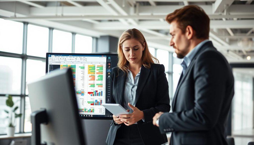 A modern office environment showcasing an artificial intelligence assistant, Claude, integrated within an Excel spreadsheet on a sleek computer screen. In the foreground, a male and female business professional—dressed in business attire—are intently analyzing Excel data, their expressions a mix of curiosity and concern. The middle view prominently features the vibrant Excel interface with colorful charts and complex formulas, symbolizing the challenges of AI integration in data management. In the background, a bright and airy office space with large windows allows natural light to fill the room, creating an atmosphere of innovation and contemplation. The scene is framed with a slightly blurred depth of field to emphasize the professionals engaged in their task. Capture a serious yet hopeful mood, highlighting the limitations and potential of AI in Excel. A modern office environment showcasing an artificial intelligence assistant, Claude, integrated within an Excel spreadsheet on a sleek computer screen. In the foreground, a male and female business professional—dressed in business attire—are intently analyzing Excel data, their expressions a mix of curiosity and concern. The middle view prominently features the vibrant Excel interface with colorful charts and complex formulas, symbolizing the challenges of AI integration in data management. In the background, a bright and airy office space with large windows allows natural light to fill the room, creating an atmosphere of innovation and contemplation. The scene is framed with a slightly blurred depth of field to emphasize the professionals engaged in their task. Capture a serious yet hopeful mood, highlighting the limitations and potential of AI in Excel.
