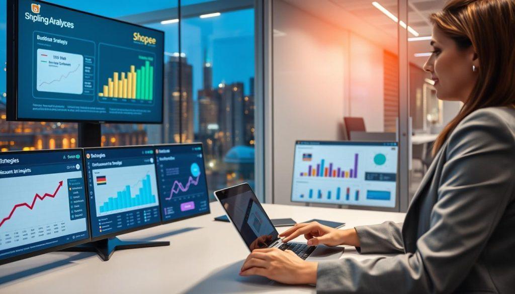 A modern office environment showcasing data analysis and performance evaluation for marketing strategies, specifically focusing on e-commerce. In the foreground, a professional woman in business attire examines charts on a sleek laptop, surrounded by colorful graphs and digital displays representing "Shopee" promotional strategies, such as discount analytics and bundling techniques. The middle ground features a large monitor displaying detailed visualizations of data trends and insights. In the background, a glass wall reveals a bustling cityscape, illuminated by evening lights. Soft, focused lighting enhances the professionalism of the setting, creating an atmosphere of efficiency and analytical insight, with a slight angle that captures both the individual and the vibrant data visualizations. A modern office environment showcasing data analysis and performance evaluation for marketing strategies, specifically focusing on e-commerce. In the foreground, a professional woman in business attire examines charts on a sleek laptop, surrounded by colorful graphs and digital displays representing "Shopee" promotional strategies, such as discount analytics and bundling techniques. The middle ground features a large monitor displaying detailed visualizations of data trends and insights. In the background, a glass wall reveals a bustling cityscape, illuminated by evening lights. Soft, focused lighting enhances the professionalism of the setting, creating an atmosphere of efficiency and analytical insight, with a slight angle that captures both the individual and the vibrant data visualizations.