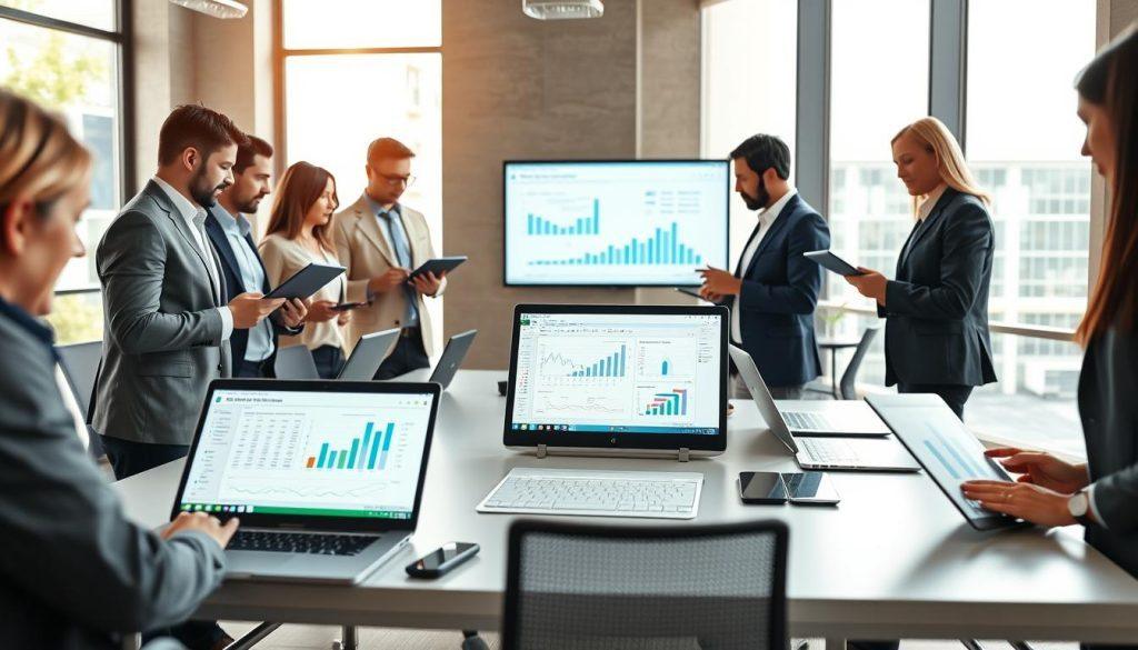A modern office environment showcasing the integration of AI in a business setting. In the foreground, a diverse group of professionals, dressed in smart business attire, interact with laptops and tablets displaying data analysis and presentation software. The middle ground features a sleek desk with a clear view of an open Excel spreadsheet and a PowerPoint presentation on a large screen, visualizing graphs and charts. In the background, large windows allow natural light to pour in, illuminating the space and enhancing the productivity atmosphere. The entire scene conveys a sense of collaboration and innovation, emphasizing the practical applications of AI technology in daily office tasks, captured with a crisp focus and a slight depth of field to highlight the professionals and their work. A modern office environment showcasing the integration of AI in a business setting. In the foreground, a diverse group of professionals, dressed in smart business attire, interact with laptops and tablets displaying data analysis and presentation software. The middle ground features a sleek desk with a clear view of an open Excel spreadsheet and a PowerPoint presentation on a large screen, visualizing graphs and charts. In the background, large windows allow natural light to pour in, illuminating the space and enhancing the productivity atmosphere. The entire scene conveys a sense of collaboration and innovation, emphasizing the practical applications of AI technology in daily office tasks, captured with a crisp focus and a slight depth of field to highlight the professionals and their work.