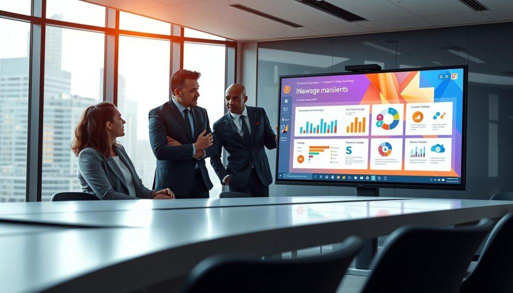 A modern office setting showcasing the integration of AI in PowerPoint presentations. In the foreground, a diverse group of three professionals, dressed in smart business attire, collaborates around a sleek conference table, evaluating a vibrant PowerPoint slide displayed on a large digital screen. The slide features dynamic graphs, eye-catching design elements, and engaging visuals. In the middle background, a futuristic window shows a cityscape, with soft, natural light filtering in, creating an inspiring atmosphere. The scene is captured from a slight angle to emphasize teamwork and innovation. The overall mood is one of productivity and creativity, highlighting the advantages of using AI like Claude in PowerPoint to enhance presentations. A modern office setting showcasing the integration of AI in PowerPoint presentations. In the foreground, a diverse group of three professionals, dressed in smart business attire, collaborates around a sleek conference table, evaluating a vibrant PowerPoint slide displayed on a large digital screen. The slide features dynamic graphs, eye-catching design elements, and engaging visuals. In the middle background, a futuristic window shows a cityscape, with soft, natural light filtering in, creating an inspiring atmosphere. The scene is captured from a slight angle to emphasize teamwork and innovation. The overall mood is one of productivity and creativity, highlighting the advantages of using AI like Claude in PowerPoint to enhance presentations.