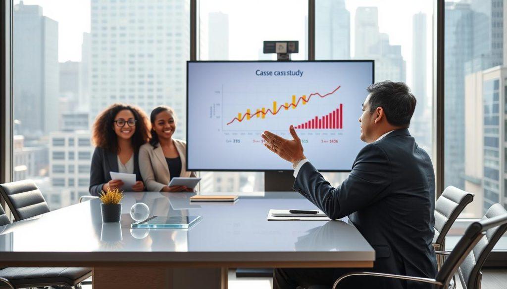 A modern office setting with a diverse group of professionals gathered around a sleek conference table. In the foreground, a middle-aged Asian man in a suit gestures confidently while presenting a successful case study on a large screen displaying a vibrant graph and positive statistics. A young woman of African descent takes notes intently, and a Caucasian woman smiles encouragingly, representing a spirit of collaboration. The background features a large window with a view of a busy cityscape, bathed in soft, natural daylight, enhancing the atmosphere of optimism and achievement. The image should evoke a mood of inspiration and shared success, with clear focus on the engaged expressions of the team. A modern office setting with a diverse group of professionals gathered around a sleek conference table. In the foreground, a middle-aged Asian man in a suit gestures confidently while presenting a successful case study on a large screen displaying a vibrant graph and positive statistics. A young woman of African descent takes notes intently, and a Caucasian woman smiles encouragingly, representing a spirit of collaboration. The background features a large window with a view of a busy cityscape, bathed in soft, natural daylight, enhancing the atmosphere of optimism and achievement. The image should evoke a mood of inspiration and shared success, with clear focus on the engaged expressions of the team.