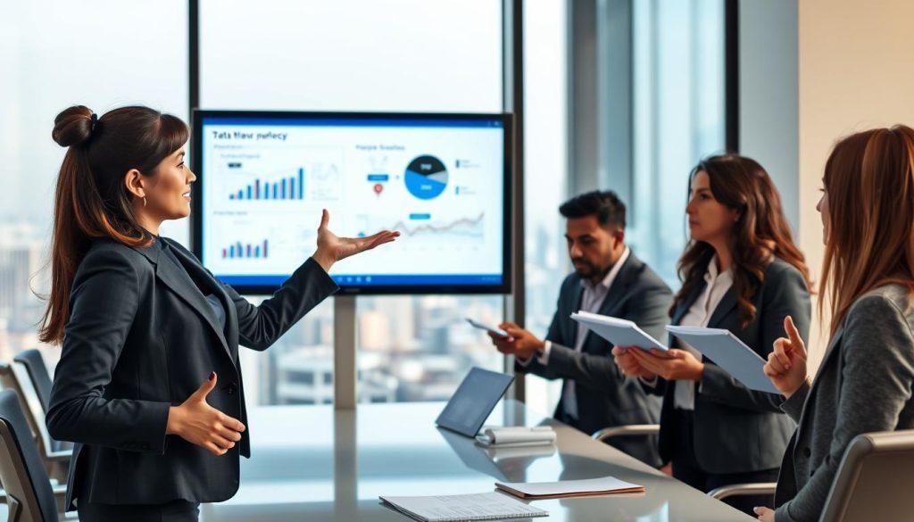 A modern office setting with a diverse team of professionals engaged in a strategic meeting about technology transparency and customer communication. In the foreground, a confident Asian woman in a business suit gestures, presenting charts and diagrams on a digital screen, symbolizing data clarity. The middle ground reveals attentive colleagues, including a Black man and an Hispanic woman, taking notes and discussing ideas, reflecting collaboration and understanding. The background features a large window showing a cityscape, illuminated by soft natural light, creating a warm atmosphere. The overall mood is focused and professional, emphasizing the importance of clear communication in tech support. The image captures a harmonious blend of engagement and professionalism, without text or distractions. A modern office setting with a diverse team of professionals engaged in a strategic meeting about technology transparency and customer communication. In the foreground, a confident Asian woman in a business suit gestures, presenting charts and diagrams on a digital screen, symbolizing data clarity. The middle ground reveals attentive colleagues, including a Black man and an Hispanic woman, taking notes and discussing ideas, reflecting collaboration and understanding. The background features a large window showing a cityscape, illuminated by soft natural light, creating a warm atmosphere. The overall mood is focused and professional, emphasizing the importance of clear communication in tech support. The image captures a harmonious blend of engagement and professionalism, without text or distractions.