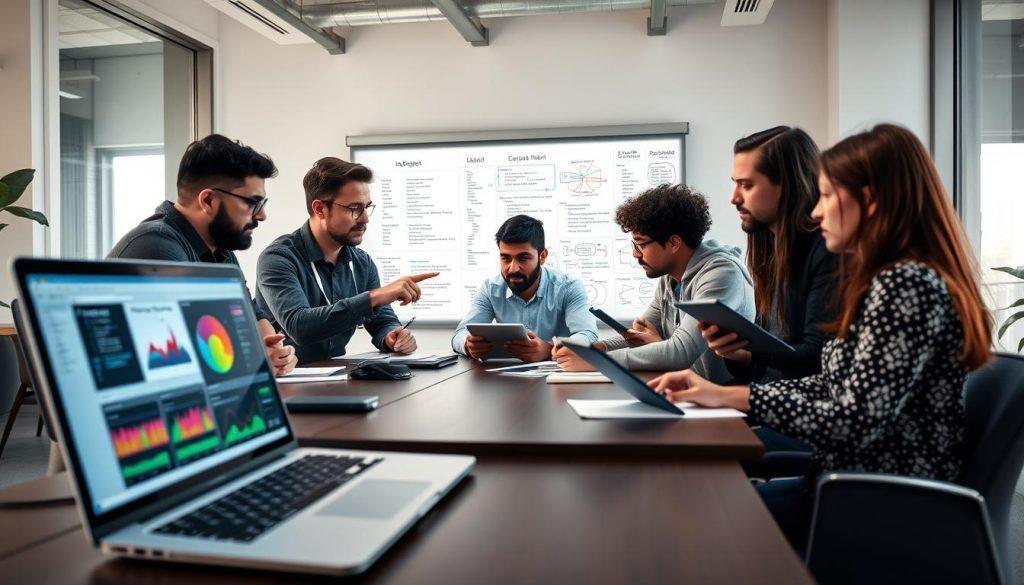 A modern office setting with a diverse team of software engineers collaborating around a large table. In the foreground, there's a close-up of a sleek laptop displaying the SWE-bench interface with colorful graphs and metrics. The middle ground features engineers engaged in deep discussion, one pointing at the screen while others take notes and review code on their tablets. Behind them, a large whiteboard filled with coding flowcharts and diagrams showcases the AI's capabilities. Soft, ambient lighting enhances the focused atmosphere, with large windows allowing natural light to filter in. The mood is energetic and collaborative, highlighting the intersection of technology and innovation in programming. A modern office setting with a diverse team of software engineers collaborating around a large table. In the foreground, there's a close-up of a sleek laptop displaying the SWE-bench interface with colorful graphs and metrics. The middle ground features engineers engaged in deep discussion, one pointing at the screen while others take notes and review code on their tablets. Behind them, a large whiteboard filled with coding flowcharts and diagrams showcases the AI's capabilities. Soft, ambient lighting enhances the focused atmosphere, with large windows allowing natural light to filter in. The mood is energetic and collaborative, highlighting the intersection of technology and innovation in programming.