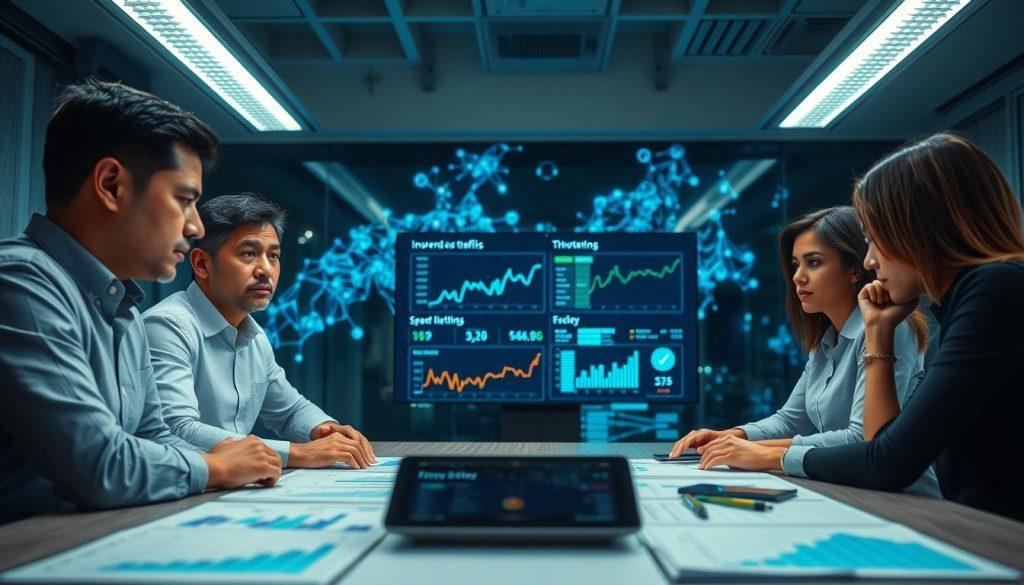 A modern office setting with a focus on technology and communication. In the foreground, a diverse group of three professionals – a middle-aged Asian man, a young Black woman, and a Hispanic woman – are engaged in a serious discussion over a table covered with charts showing data traffic and speed limits. The middle of the scene features a large screen displaying graphs and indicators related to internet speed throttling and technology limitations. In the background, there are abstract digital visuals of network connections and data flow, subtly illuminated with cool blue and green tones. The atmosphere is tense yet focused, highlighting the frustration with technological constraints while maintaining a professional vibe. Soft, overhead lighting enhances the seriousness of the discussion without casting harsh shadows. The scene captures the essence of a deep dive into the reasons behind speed limitations in modern technology. A modern office setting with a focus on technology and communication. In the foreground, a diverse group of three professionals – a middle-aged Asian man, a young Black woman, and a Hispanic woman – are engaged in a serious discussion over a table covered with charts showing data traffic and speed limits. The middle of the scene features a large screen displaying graphs and indicators related to internet speed throttling and technology limitations. In the background, there are abstract digital visuals of network connections and data flow, subtly illuminated with cool blue and green tones. The atmosphere is tense yet focused, highlighting the frustration with technological constraints while maintaining a professional vibe. Soft, overhead lighting enhances the seriousness of the discussion without casting harsh shadows. The scene captures the essence of a deep dive into the reasons behind speed limitations in modern technology.
