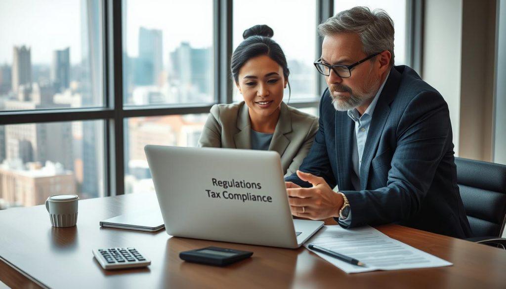 A modern office setting with two diverse professionals, a young Asian woman and a middle-aged Caucasian man, engaged in a deep discussion over a laptop showing e-commerce regulatory documents. The foreground features a sleek desk with legal papers, a calculator, and a cup of coffee. In the middle background, a large window reveals a bustling cityscape, symbolizing the dynamic nature of online business. The lighting is bright and natural, enhancing the sense of clarity and professionalism. A subtle focus on the screen highlights the words 'Regulations' and 'Tax Compliance'. The atmosphere conveys a sense of urgency and importance, emphasizing the need for understanding e-commerce law and tax regulations. A modern office setting with two diverse professionals, a young Asian woman and a middle-aged Caucasian man, engaged in a deep discussion over a laptop showing e-commerce regulatory documents. The foreground features a sleek desk with legal papers, a calculator, and a cup of coffee. In the middle background, a large window reveals a bustling cityscape, symbolizing the dynamic nature of online business. The lighting is bright and natural, enhancing the sense of clarity and professionalism. A subtle focus on the screen highlights the words 'Regulations' and 'Tax Compliance'. The atmosphere conveys a sense of urgency and importance, emphasizing the need for understanding e-commerce law and tax regulations.