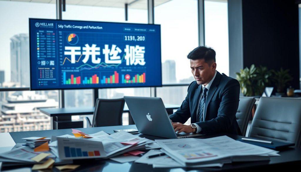 A modern office setup featuring a large digital screen displaying colorful graphs and charts reflecting "蝦皮分潤轉換率數據分析." In the foreground, a focused business professional, dressed in smart business attire, analyzes data on a laptop, looking concerned. In the middle ground, oversized printed charts and sticky notes clutter the desk, symbolizing a busy, analytical atmosphere. The background shows a sleek office with large windows revealing a cityscape, bathed in natural light, creating an intense yet professional mood. The color palette should be cool-toned with azure and gray, emphasizing the analytical tone of the image. The overall atmosphere conveys urgency and the contrast between high traffic and low conversion, capturing the essence of the topic effectively. A modern office setup featuring a large digital screen displaying colorful graphs and charts reflecting "蝦皮分潤轉換率數據分析." In the foreground, a focused business professional, dressed in smart business attire, analyzes data on a laptop, looking concerned. In the middle ground, oversized printed charts and sticky notes clutter the desk, symbolizing a busy, analytical atmosphere. The background shows a sleek office with large windows revealing a cityscape, bathed in natural light, creating an intense yet professional mood. The color palette should be cool-toned with azure and gray, emphasizing the analytical tone of the image. The overall atmosphere conveys urgency and the contrast between high traffic and low conversion, capturing the essence of the topic effectively.