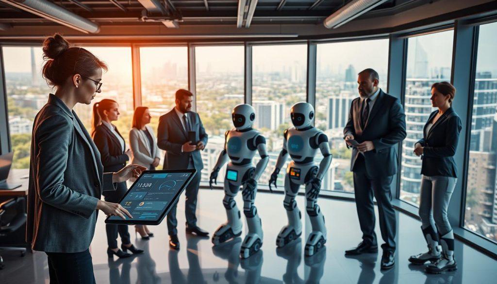 A modern office space showcasing the benefits of autonomous agents in work. In the foreground, a diverse group of professionals in business attire, including a woman in a tailored suit and a man in a smart casual outfit, interact with sleek, advanced technology displays showing productivity metrics and automation processes. The middle ground features autonomous robots and AI interfaces seamlessly working alongside humans, highlighting collaboration and efficiency. In the background, large windows reveal a bright cityscape with green spaces, symbolizing growth and innovation. The lighting is warm and inviting, with soft shadows casting an inspiring atmosphere. The angle is slightly elevated, giving a panoramic view while maintaining a focus on the harmonious cooperation between humans and automation. A modern office space showcasing the benefits of autonomous agents in work. In the foreground, a diverse group of professionals in business attire, including a woman in a tailored suit and a man in a smart casual outfit, interact with sleek, advanced technology displays showing productivity metrics and automation processes. The middle ground features autonomous robots and AI interfaces seamlessly working alongside humans, highlighting collaboration and efficiency. In the background, large windows reveal a bright cityscape with green spaces, symbolizing growth and innovation. The lighting is warm and inviting, with soft shadows casting an inspiring atmosphere. The angle is slightly elevated, giving a panoramic view while maintaining a focus on the harmonious cooperation between humans and automation.