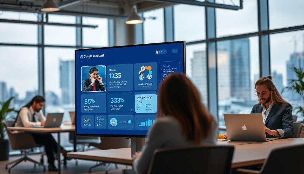 A modern office space showcasing the core functionalities of "Claude Cowork." In the foreground, a sleek, intelligent virtual assistant interface displayed on a large touchscreen, highlighting features like virtual collaboration, task management, and real-time analytics. In the middle ground, engaged professionals in smart casual attire collaborate over laptops, exemplifying teamwork and productivity, all under soft, ambient lighting that creates a welcoming atmosphere. The background features large windows with a city skyline view, hinting at innovation and connectivity. The mood is focused yet relaxed, capturing the essence of working efficiently, even in a digital environment. Use a slight depth of field to emphasize the interface in the foreground while keeping the professionals and background slightly blurred, enhancing the image's professional and modern appeal. A modern office space showcasing the core functionalities of "Claude Cowork." In the foreground, a sleek, intelligent virtual assistant interface displayed on a large touchscreen, highlighting features like virtual collaboration, task management, and real-time analytics. In the middle ground, engaged professionals in smart casual attire collaborate over laptops, exemplifying teamwork and productivity, all under soft, ambient lighting that creates a welcoming atmosphere. The background features large windows with a city skyline view, hinting at innovation and connectivity. The mood is focused yet relaxed, capturing the essence of working efficiently, even in a digital environment. Use a slight depth of field to emphasize the interface in the foreground while keeping the professionals and background slightly blurred, enhancing the image's professional and modern appeal.