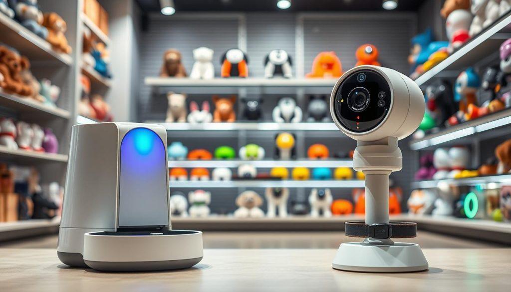 A modern pet store interior, showcasing a variety of high-tech pet products. In the foreground, an interactive smart pet feeder with a sleek design, displaying colorful LED lights; next to it, a stylish pet camera with a wide-angle lens. In the middle ground, shelves filled with robotic toys and GPS tracking collars for pets, creating an inviting atmosphere. The background features a welcoming, well-lit space with soft, natural lighting enhancing the vibrant colors of the products. The overall mood is innovative and playful, appealing to pet owners seeking the latest in pet technology. The image is professionally composed, capturing the essence of modern pet care in 2025. A modern pet store interior, showcasing a variety of high-tech pet products. In the foreground, an interactive smart pet feeder with a sleek design, displaying colorful LED lights; next to it, a stylish pet camera with a wide-angle lens. In the middle ground, shelves filled with robotic toys and GPS tracking collars for pets, creating an inviting atmosphere. The background features a welcoming, well-lit space with soft, natural lighting enhancing the vibrant colors of the products. The overall mood is innovative and playful, appealing to pet owners seeking the latest in pet technology. The image is professionally composed, capturing the essence of modern pet care in 2025.