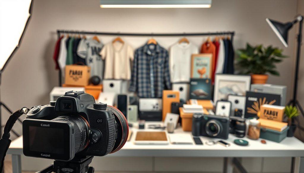 A modern product photography setup showcasing a beautifully arranged selection of various consumer goods, including electronics, clothing, and home decor. In the foreground, a high-quality DSLR camera with a macro lens captures the scene, while softbox lighting creates a warm, inviting glow, emphasizing the intricate details and textures of the products. The middle area displays a professional, well-organized table with clean lines and subtle props that complement the products without overwhelming them. The background features a blurred, minimalistic studio environment, adding depth without distraction. The overall mood conveys professionalism and creativity, illustrating the importance of high-quality imagery in enhancing visual marketing and conversion rates. A modern product photography setup showcasing a beautifully arranged selection of various consumer goods, including electronics, clothing, and home decor. In the foreground, a high-quality DSLR camera with a macro lens captures the scene, while softbox lighting creates a warm, inviting glow, emphasizing the intricate details and textures of the products. The middle area displays a professional, well-organized table with clean lines and subtle props that complement the products without overwhelming them. The background features a blurred, minimalistic studio environment, adding depth without distraction. The overall mood conveys professionalism and creativity, illustrating the importance of high-quality imagery in enhancing visual marketing and conversion rates.