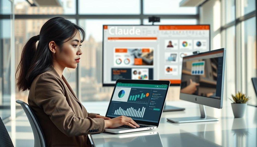 A modern, professional office environment showcasing an individual interacting with AI tools on a computer, specifically demonstrating "Claude" in Excel and PowerPoint. In the foreground, a focused young Asian woman wearing smart casual attire, sitting at a sleek desk with a laptop open, displaying charts and data in Excel. In the middle ground, a large screen shows Claude in PowerPoint, with engaging designs and presentations. The background features a well-lit office with large windows allowing natural light to flood in, providing a sense of clarity and innovation. Soft shadows cast across the workspace enhance the atmosphere of productivity. The overall mood should feel inspiring and collaborative, reflecting personal experiences with office AI integration. A modern, professional office environment showcasing an individual interacting with AI tools on a computer, specifically demonstrating "Claude" in Excel and PowerPoint. In the foreground, a focused young Asian woman wearing smart casual attire, sitting at a sleek desk with a laptop open, displaying charts and data in Excel. In the middle ground, a large screen shows Claude in PowerPoint, with engaging designs and presentations. The background features a well-lit office with large windows allowing natural light to flood in, providing a sense of clarity and innovation. Soft shadows cast across the workspace enhance the atmosphere of productivity. The overall mood should feel inspiring and collaborative, reflecting personal experiences with office AI integration.