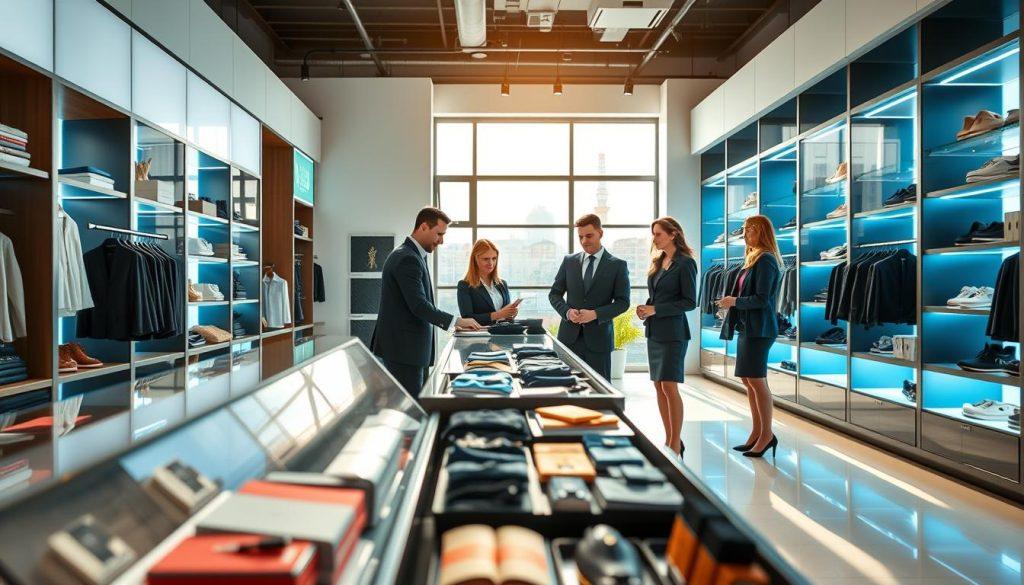 A modern retail space designed to showcase an engaging and attractive brand image. In the foreground, an inviting product display featuring neatly arranged merchandise, highlighting the importance of clean presentation. In the middle, well-dressed staff members assist customers, portraying professionalism and customer service. They wear smart business attire, creating a welcoming atmosphere. The background features sleek shelving units with vibrant lighting accentuating product features, enhancing the overall inviting ambiance. Natural light flows through large windows, creating a warm glow, while soft shadows add depth to the scene. Capture the essence of an appealing retail environment that draws customers in, ensuring a mood of excitement and accessibility. A modern retail space designed to showcase an engaging and attractive brand image. In the foreground, an inviting product display featuring neatly arranged merchandise, highlighting the importance of clean presentation. In the middle, well-dressed staff members assist customers, portraying professionalism and customer service. They wear smart business attire, creating a welcoming atmosphere. The background features sleek shelving units with vibrant lighting accentuating product features, enhancing the overall inviting ambiance. Natural light flows through large windows, creating a warm glow, while soft shadows add depth to the scene. Capture the essence of an appealing retail environment that draws customers in, ensuring a mood of excitement and accessibility.