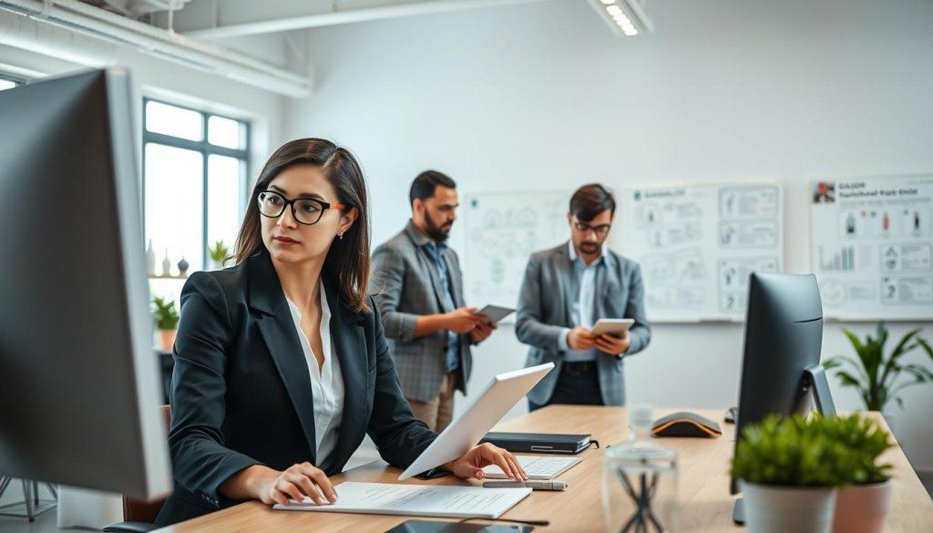 A modern, well-organized workspace where a diverse group of professional individuals are engaged in optimizing an online marketplace setting. In the foreground, a focused female entrepreneur, wearing smart business attire, is adjusting digital settings on her computer screen, showcasing product images and listing information. In the middle ground, a male colleague in a casual yet professional outfit is analyzing data on a tablet, demonstrating collaboration. The background features a bright, inviting office environment with whiteboards displaying optimization strategies and brand identity elements, illuminated by natural light pouring in through large windows. The atmosphere is dynamic and productive, conveying a sense of teamwork and innovation in online sales strategy. A modern, well-organized workspace where a diverse group of professional individuals are engaged in optimizing an online marketplace setting. In the foreground, a focused female entrepreneur, wearing smart business attire, is adjusting digital settings on her computer screen, showcasing product images and listing information. In the middle ground, a male colleague in a casual yet professional outfit is analyzing data on a tablet, demonstrating collaboration. The background features a bright, inviting office environment with whiteboards displaying optimization strategies and brand identity elements, illuminated by natural light pouring in through large windows. The atmosphere is dynamic and productive, conveying a sense of teamwork and innovation in online sales strategy.