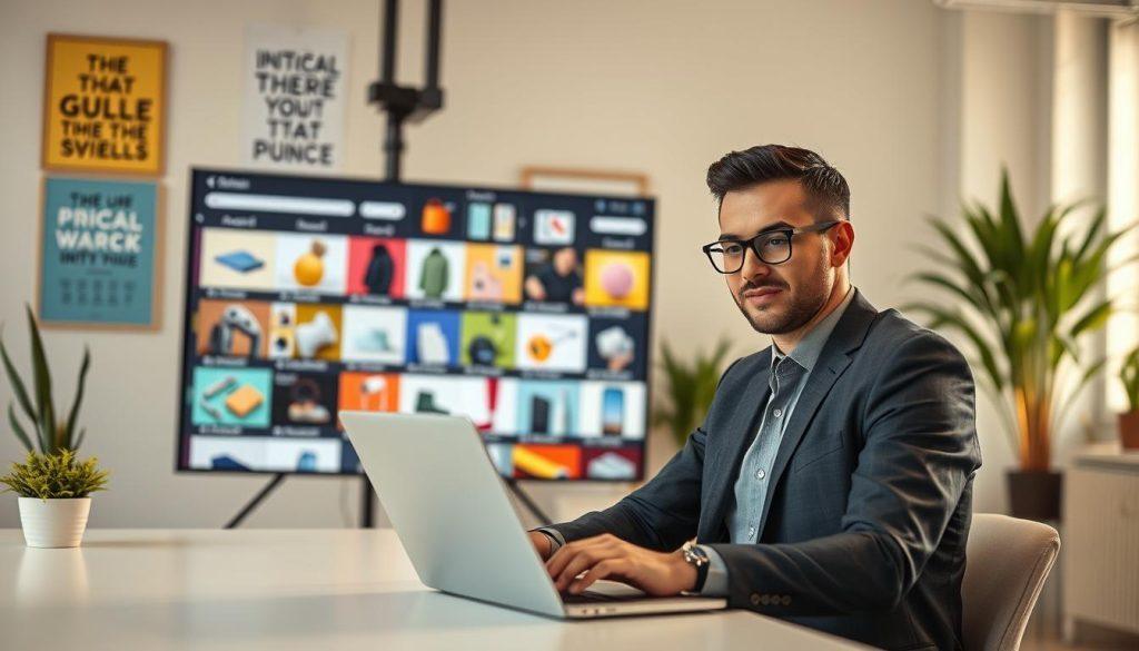 A modern workspace showcasing a digital marketing scene focused on title optimization techniques. In the foreground, a confident business professional dressed in smart casual attire is analyzing product titles on a laptop. Their expression reflects concentration and creativity. In the middle ground, an array of colorful product images displayed on a large screen exhibit diverse items with optimized titles. The background features a bright, well-lit office environment with motivational posters and plants, exuding a professional yet inspiring atmosphere. The lighting is warm and natural, coming from a nearby window, enhancing the focus on the subject. The overall mood is dynamic and engaging, perfect for illustrating innovative title optimization strategies. A modern workspace showcasing a digital marketing scene focused on title optimization techniques. In the foreground, a confident business professional dressed in smart casual attire is analyzing product titles on a laptop. Their expression reflects concentration and creativity. In the middle ground, an array of colorful product images displayed on a large screen exhibit diverse items with optimized titles. The background features a bright, well-lit office environment with motivational posters and plants, exuding a professional yet inspiring atmosphere. The lighting is warm and natural, coming from a nearby window, enhancing the focus on the subject. The overall mood is dynamic and engaging, perfect for illustrating innovative title optimization strategies.