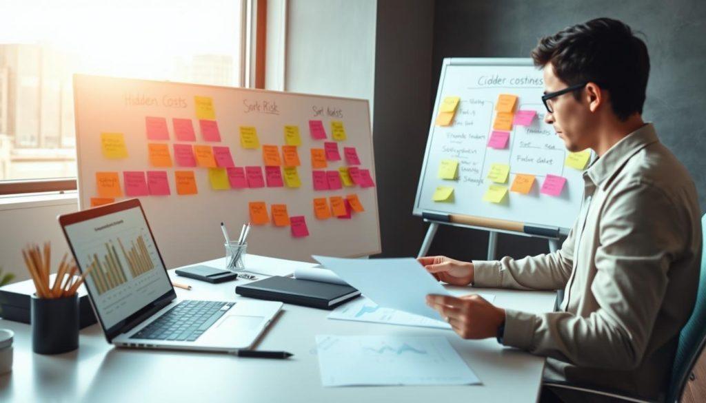 A modern workspace styled for an entrepreneur analyzing hidden costs in an e-commerce business, featuring a sleek desk with a laptop displaying graphs and charts. In the foreground, a person in smart casual attire is intently reviewing financial documents, while surrounded by office supplies. The middle ground includes a whiteboard with colorful sticky notes outlining various costs and risks associated with starting a business on an online platform. In the background, a large window lets in soft, natural light, casting a warm glow on the scene. The atmosphere is focused and professional, emphasizing the importance of understanding financial intricacies before diving into e-commerce. A modern workspace styled for an entrepreneur analyzing hidden costs in an e-commerce business, featuring a sleek desk with a laptop displaying graphs and charts. In the foreground, a person in smart casual attire is intently reviewing financial documents, while surrounded by office supplies. The middle ground includes a whiteboard with colorful sticky notes outlining various costs and risks associated with starting a business on an online platform. In the background, a large window lets in soft, natural light, casting a warm glow on the scene. The atmosphere is focused and professional, emphasizing the importance of understanding financial intricacies before diving into e-commerce.