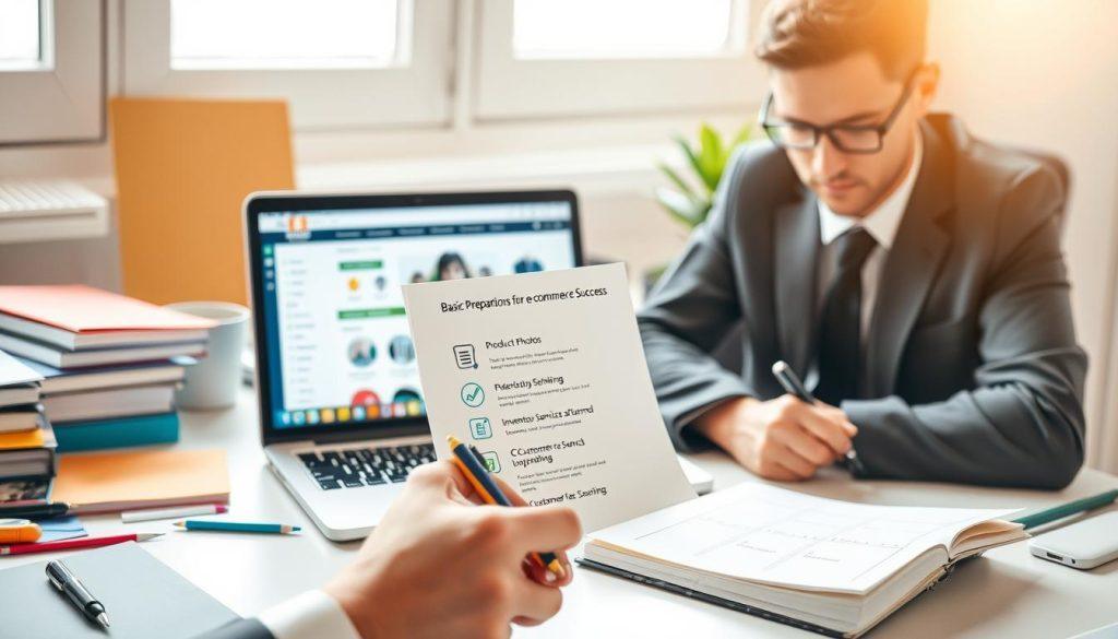 A neatly organized workspace showing a laptop open to a stylish e-commerce platform interface, surrounded by colorful stationery and marketing materials. In the foreground, a focused individual in professional business attire is making notes on a notepad, symbolizing preparation for online selling. In the middle layer, a printed checklist titled “Basic Preparations for e-commerce Success” can be partially seen, featuring icons of product photos, inventory lists, and customer service tips. In the background, a calming light filters through a window, creating a bright atmosphere that conveys optimism and focus, while a modern desk plant adds a touch of life. The overall mood is motivational and industrious, ideal for anyone preparing to start an online business journey. A neatly organized workspace showing a laptop open to a stylish e-commerce platform interface, surrounded by colorful stationery and marketing materials. In the foreground, a focused individual in professional business attire is making notes on a notepad, symbolizing preparation for online selling. In the middle layer, a printed checklist titled “Basic Preparations for e-commerce Success” can be partially seen, featuring icons of product photos, inventory lists, and customer service tips. In the background, a calming light filters through a window, creating a bright atmosphere that conveys optimism and focus, while a modern desk plant adds a touch of life. The overall mood is motivational and industrious, ideal for anyone preparing to start an online business journey.
