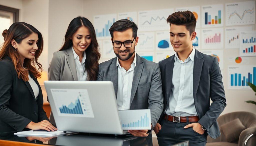A newly established online seller's workspace themed around risk analysis for e-commerce business. In the foreground, a diverse group of three professionals (a young woman in a business suit, a middle-aged man in smart casual attire, and a young man in a stylish yet professional outfit) are discussing over a laptop adorned with graphs and analytics. In the middle ground, various charts and graphs illustrating potential risks like market fluctuations and competition hang on the wall. The background features a cozy modern office with soft lighting, creating an inviting atmosphere. The scene captures a sense of collaboration and strategic planning, emphasizing the challenges faced by new sellers. A newly established online seller's workspace themed around risk analysis for e-commerce business. In the foreground, a diverse group of three professionals (a young woman in a business suit, a middle-aged man in smart casual attire, and a young man in a stylish yet professional outfit) are discussing over a laptop adorned with graphs and analytics. In the middle ground, various charts and graphs illustrating potential risks like market fluctuations and competition hang on the wall. The background features a cozy modern office with soft lighting, creating an inviting atmosphere. The scene captures a sense of collaboration and strategic planning, emphasizing the challenges faced by new sellers.