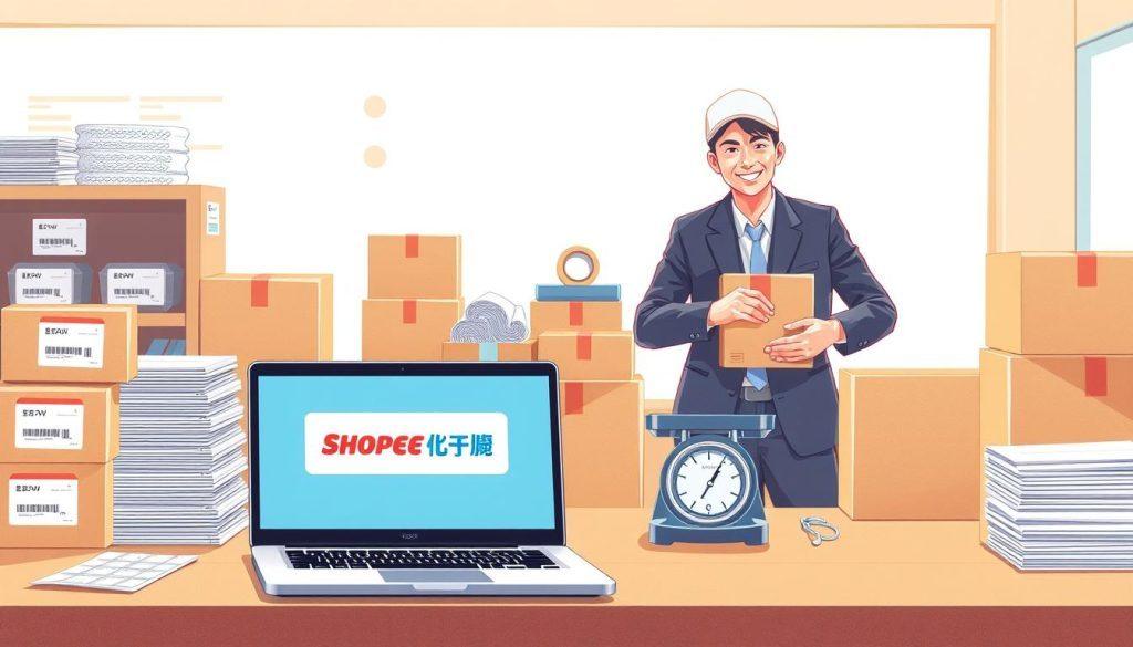 A professional and informative illustration depicting the shipping process for selling items on 蝦皮 (Shopee). In the foreground, a neatly organized desk featuring shipping labels, a laptop with the 蝦皮 website displayed, and stacked boxes ready for shipping. The middle section showcases various packaging materials like bubble wrap and tape, along with a small scale for weighing parcels. In the background, a friendly and professional-looking person in business attire is demonstrating how to pack an item securely. The lighting is bright and inviting, enhancing the clarity of the details. The atmosphere is focused and efficient, conveying a sense of organization and professionalism in logistics. A professional and informative illustration depicting the shipping process for selling items on 蝦皮 (Shopee). In the foreground, a neatly organized desk featuring shipping labels, a laptop with the 蝦皮 website displayed, and stacked boxes ready for shipping. The middle section showcases various packaging materials like bubble wrap and tape, along with a small scale for weighing parcels. In the background, a friendly and professional-looking person in business attire is demonstrating how to pack an item securely. The lighting is bright and inviting, enhancing the clarity of the details. The atmosphere is focused and efficient, conveying a sense of organization and professionalism in logistics.