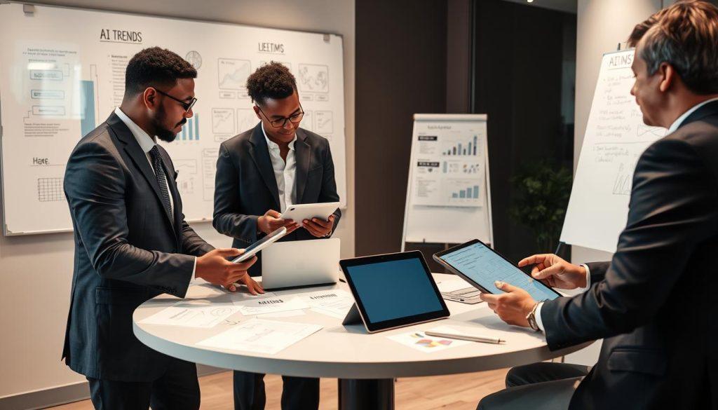 A professional and insightful setting showcasing a group of diverse experts engaged in a discussion about AI technology. Foreground: a round table with three experts, two men and one woman, all dressed in smart business attire. They are sharing ideas with tablets and laptops open, gesturing animatedly to illustrate their points. Middle ground: a whiteboard filled with diagrams and notes related to AI trends and data analytics, and a sleek glass window reflecting a modern cityscape. Background: a softly lit room with elegant lighting, creating a warm atmosphere, with soft shadows enhancing the focus on the experts. The mood is charged with intellectual curiosity and collaboration, capturing the essence of expert perspectives on AI technology advancements. A professional and insightful setting showcasing a group of diverse experts engaged in a discussion about AI technology. Foreground: a round table with three experts, two men and one woman, all dressed in smart business attire. They are sharing ideas with tablets and laptops open, gesturing animatedly to illustrate their points. Middle ground: a whiteboard filled with diagrams and notes related to AI trends and data analytics, and a sleek glass window reflecting a modern cityscape. Background: a softly lit room with elegant lighting, creating a warm atmosphere, with soft shadows enhancing the focus on the experts. The mood is charged with intellectual curiosity and collaboration, capturing the essence of expert perspectives on AI technology advancements.