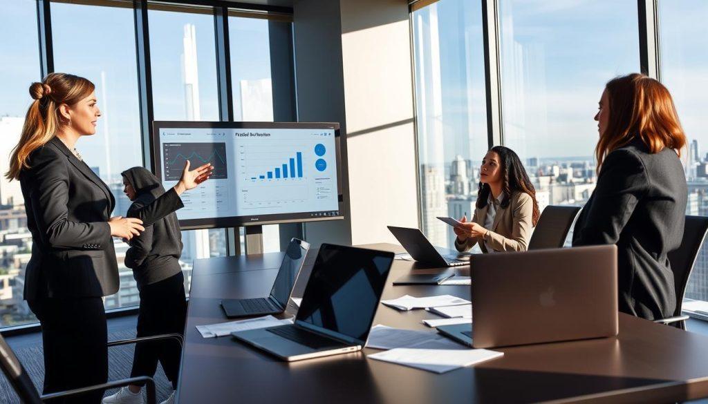 A professional and modern office environment, featuring a diverse group of three professionals engaged in a strategy meeting. The foreground shows a woman presenting data on a large screen, her expression focused and confident, wearing business attire. To the side, a man takes notes, deeply engaged, while another woman observes thoughtfully. In the middle ground, a sleek conference table is strewn with laptops and documents, illustrating market analysis. The background displays floor-to-ceiling windows with a cityscape view, allowing natural light to flood the room, creating a bright and inspiring atmosphere. Soft shadows add depth, enhancing the dynamic collaboration and strategic discussion. The overall mood is one of determination and innovation, reflecting the theme of precise product selection strategies. A professional and modern office environment, featuring a diverse group of three professionals engaged in a strategy meeting. The foreground shows a woman presenting data on a large screen, her expression focused and confident, wearing business attire. To the side, a man takes notes, deeply engaged, while another woman observes thoughtfully. In the middle ground, a sleek conference table is strewn with laptops and documents, illustrating market analysis. The background displays floor-to-ceiling windows with a cityscape view, allowing natural light to flood the room, creating a bright and inspiring atmosphere. Soft shadows add depth, enhancing the dynamic collaboration and strategic discussion. The overall mood is one of determination and innovation, reflecting the theme of precise product selection strategies.