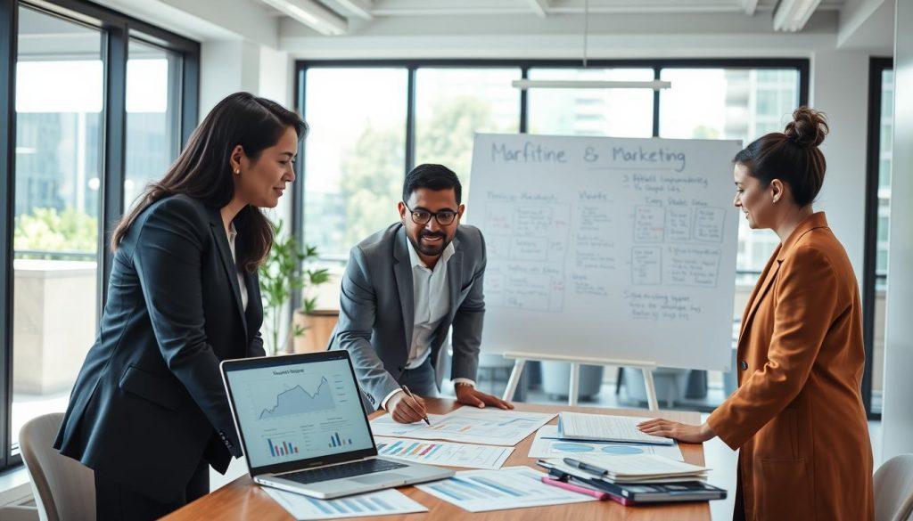 A professional business environment featuring diverse individuals engaged in a collaborative discussion about marketing guidelines. In the foreground, a diverse group of three people, one Asian, one Black, and one Caucasian, are leaning over a table covered with documents and a laptop showing graphs and strategies related to affiliate marketing. The middle ground includes a whiteboard filled with charts and notes, depicting marketing rules and terms. The background showcases a modern office with large windows allowing natural light to illuminate the scene, enhancing a sense of transparency and professionalism. Use a warm color palette and soft focus on the background to create an inviting atmosphere, emphasizing teamwork and understanding of affiliate marketing regulations without any text or overlays. A professional business environment featuring diverse individuals engaged in a collaborative discussion about marketing guidelines. In the foreground, a diverse group of three people, one Asian, one Black, and one Caucasian, are leaning over a table covered with documents and a laptop showing graphs and strategies related to affiliate marketing. The middle ground includes a whiteboard filled with charts and notes, depicting marketing rules and terms. The background showcases a modern office with large windows allowing natural light to illuminate the scene, enhancing a sense of transparency and professionalism. Use a warm color palette and soft focus on the background to create an inviting atmosphere, emphasizing teamwork and understanding of affiliate marketing regulations without any text or overlays.