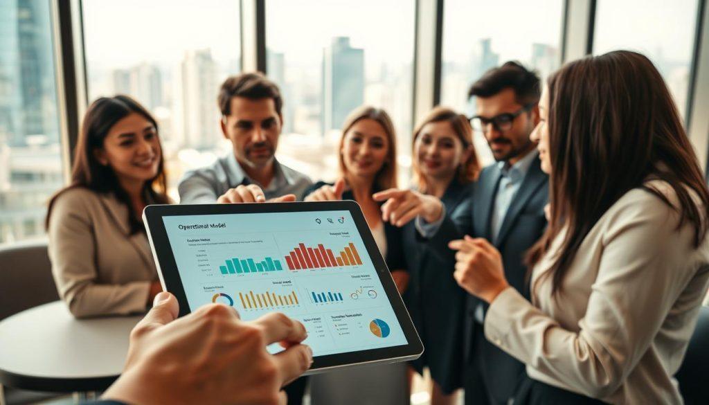 A professional business meeting in a modern office setting, depicting a diverse group of individuals dressed in business attire, engaged in a discussion around digital charts and graphs on a large screen. In the foreground, a close-up of a digital tablet displaying Shopee's operational model and market analysis, highlighting key performance indicators and growth strategies. In the middle ground, the team actively collaborates, pointing at the screen, with expressions of concentration and determination. The background features large windows showing a cityscape, with warm, natural light flooding the room to create a bright, optimistic atmosphere. The lens captures the scene with a slight depth of field, emphasizing the interaction among the team members while subtly blurring the background city. A professional business meeting in a modern office setting, depicting a diverse group of individuals dressed in business attire, engaged in a discussion around digital charts and graphs on a large screen. In the foreground, a close-up of a digital tablet displaying Shopee's operational model and market analysis, highlighting key performance indicators and growth strategies. In the middle ground, the team actively collaborates, pointing at the screen, with expressions of concentration and determination. The background features large windows showing a cityscape, with warm, natural light flooding the room to create a bright, optimistic atmosphere. The lens captures the scene with a slight depth of field, emphasizing the interaction among the team members while subtly blurring the background city.