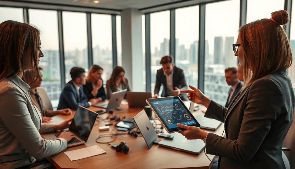 A professional business meeting scene set in a modern office environment, featuring a diverse group of business professionals engaged in a brainstorming session. In the foreground, a confident woman in business attire points to a digital tablet displaying complex data analytics related to AI memory systems. In the middle, a discussion table cluttered with innovative tech gadgets and laptops, with team members collaborating visibly. The background shows large windows with a view of a city skyline under natural daylight, enhancing the atmosphere of productivity and innovation. Soft, warm lighting creates an inviting and focused ambiance. The scene conveys a sense of forward-thinking and teamwork in a corporate setting, reflecting the impact of AI advancements like Claude Memory on businesses. A professional business meeting scene set in a modern office environment, featuring a diverse group of business professionals engaged in a brainstorming session. In the foreground, a confident woman in business attire points to a digital tablet displaying complex data analytics related to AI memory systems. In the middle, a discussion table cluttered with innovative tech gadgets and laptops, with team members collaborating visibly. The background shows large windows with a view of a city skyline under natural daylight, enhancing the atmosphere of productivity and innovation. Soft, warm lighting creates an inviting and focused ambiance. The scene conveys a sense of forward-thinking and teamwork in a corporate setting, reflecting the impact of AI advancements like Claude Memory on businesses.