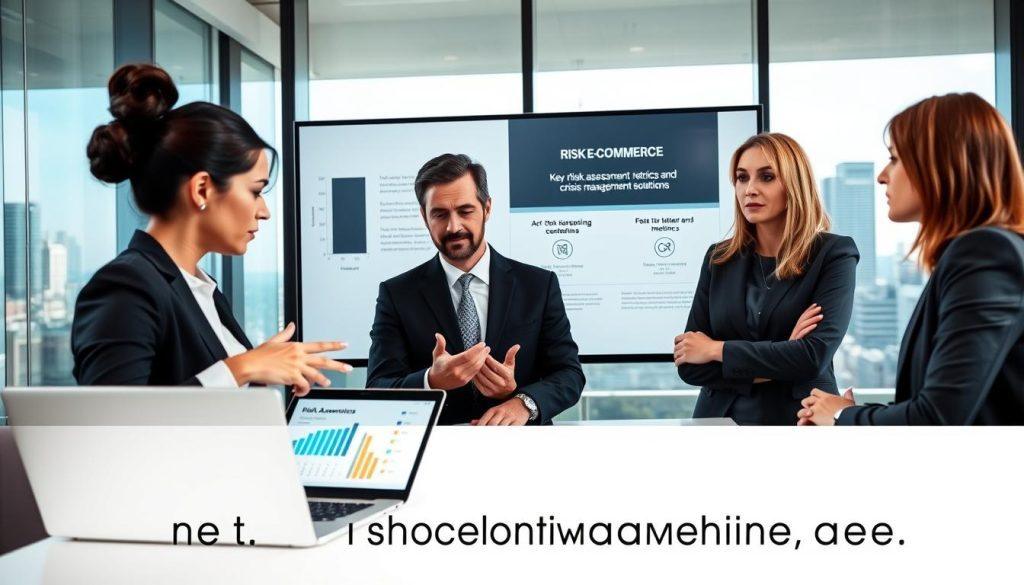 A professional business meeting setting in a modern office environment, focusing on risk management strategies for e-commerce. In the foreground, a diverse group of three business professionals—two women and one man—are engaged in a discussion, all dressed in smart business attire. The woman on the left, with dark hair in a bun, gestures towards a laptop showing data analysis charts. The man, with short, tidy hair, takes notes, while the woman on the right, with light brown hair, observes thoughtfully. In the middle ground, a large screen displays key risk assessment metrics and crisis management solutions. The background features a cityscape visible through large, glass windows, casting soft, natural light throughout the room, creating a serious yet optimistic atmosphere of collaboration and problem-solving. A professional business meeting setting in a modern office environment, focusing on risk management strategies for e-commerce. In the foreground, a diverse group of three business professionals—two women and one man—are engaged in a discussion, all dressed in smart business attire. The woman on the left, with dark hair in a bun, gestures towards a laptop showing data analysis charts. The man, with short, tidy hair, takes notes, while the woman on the right, with light brown hair, observes thoughtfully. In the middle ground, a large screen displays key risk assessment metrics and crisis management solutions. The background features a cityscape visible through large, glass windows, casting soft, natural light throughout the room, creating a serious yet optimistic atmosphere of collaboration and problem-solving.
