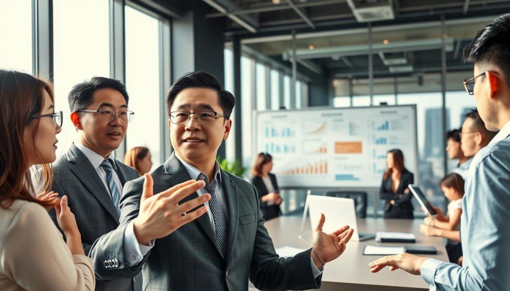 A professional business meeting setting in a modern office space, with a diverse group of sellers discussing the implications of the recent news about 蝦皮 (Shopee) in Taiwan. In the foreground, a middle-aged Asian man in a suit gestures expressively, while a young woman in smart casual attire takes notes on a laptop. In the middle ground, a whiteboard displays charts and graphs depicting market trends and strategies. The background features large windows with a cityscape view, filled with natural light streaming in, creating a bright atmosphere. The mood is serious yet collaborative as they brainstorm effective response strategies. Use a wide-angle lens to capture the dynamics of the group, emphasizing engagement and focus. A professional business meeting setting in a modern office space, with a diverse group of sellers discussing the implications of the recent news about 蝦皮 (Shopee) in Taiwan. In the foreground, a middle-aged Asian man in a suit gestures expressively, while a young woman in smart casual attire takes notes on a laptop. In the middle ground, a whiteboard displays charts and graphs depicting market trends and strategies. The background features large windows with a cityscape view, filled with natural light streaming in, creating a bright atmosphere. The mood is serious yet collaborative as they brainstorm effective response strategies. Use a wide-angle lens to capture the dynamics of the group, emphasizing engagement and focus.