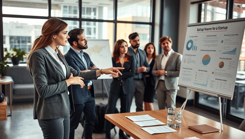 A professional business setting depicting a diverse group of entrepreneurs in a meeting room, analyzing data and discussing the reasons for the failure of a startup. In the foreground, a focused woman in smart casual clothing points at a presentation board filled with graphs and statistics highlighting key issues. The middle ground shows a diverse group of three men and two women, all dressed in business attire, engaged in a serious discussion, with expressions of concern and contemplation. The background features a modern office environment with large windows letting in natural light, casting soft shadows across the room. The overall mood is one of introspection and analysis, capturing the weight of the challenges faced by startups. The image is captured with a wide-angle lens to emphasize the collaborative atmosphere. A professional business setting depicting a diverse group of entrepreneurs in a meeting room, analyzing data and discussing the reasons for the failure of a startup. In the foreground, a focused woman in smart casual clothing points at a presentation board filled with graphs and statistics highlighting key issues. The middle ground shows a diverse group of three men and two women, all dressed in business attire, engaged in a serious discussion, with expressions of concern and contemplation. The background features a modern office environment with large windows letting in natural light, casting soft shadows across the room. The overall mood is one of introspection and analysis, capturing the weight of the challenges faced by startups. The image is captured with a wide-angle lens to emphasize the collaborative atmosphere.