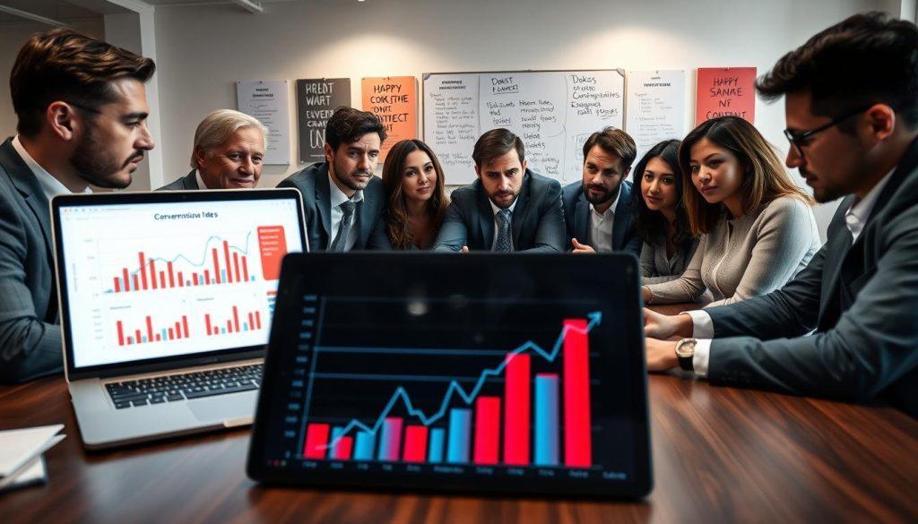 A professional business setting depicting a team of diverse individuals in smart casual attire engaged in a brainstorming session around a large table. In the foreground, a laptop displays analytics graphs highlighting poor conversion rates peppered with vibrant red markers. In the middle ground, a whiteboard filled with notes and strategies showcasing a disconnect between engaging content and purchase intent. The background features a modern office space with motivational posters on the walls, soft lighting creating a focused yet tense atmosphere. The angle is slightly above the table, capturing the expressions of concern on the team members’ faces, emphasizing urgency and the need for effective content strategy. A professional business setting depicting a team of diverse individuals in smart casual attire engaged in a brainstorming session around a large table. In the foreground, a laptop displays analytics graphs highlighting poor conversion rates peppered with vibrant red markers. In the middle ground, a whiteboard filled with notes and strategies showcasing a disconnect between engaging content and purchase intent. The background features a modern office space with motivational posters on the walls, soft lighting creating a focused yet tense atmosphere. The angle is slightly above the table, capturing the expressions of concern on the team members’ faces, emphasizing urgency and the need for effective content strategy.