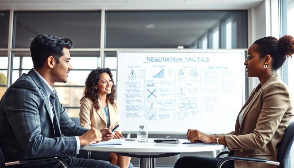 A professional business setting featuring a group of four diverse individuals engaged in a discussion about negotiation tactics. In the foreground, a male and female participant are seated at a round table, looking attentively at each other while taking notes. The middle ground shows a whiteboard filled with diagrams and key talking points related to communication strategies. In the background, large windows let in soft, natural light, creating a welcoming and motivating atmosphere. The individuals are dressed in smart business attire, projecting professionalism and confidence. The overall mood is focused, collaborative, and encouraging, emphasizing the importance of effective communication in negotiations. A professional business setting featuring a group of four diverse individuals engaged in a discussion about negotiation tactics. In the foreground, a male and female participant are seated at a round table, looking attentively at each other while taking notes. The middle ground shows a whiteboard filled with diagrams and key talking points related to communication strategies. In the background, large windows let in soft, natural light, creating a welcoming and motivating atmosphere. The individuals are dressed in smart business attire, projecting professionalism and confidence. The overall mood is focused, collaborative, and encouraging, emphasizing the importance of effective communication in negotiations.