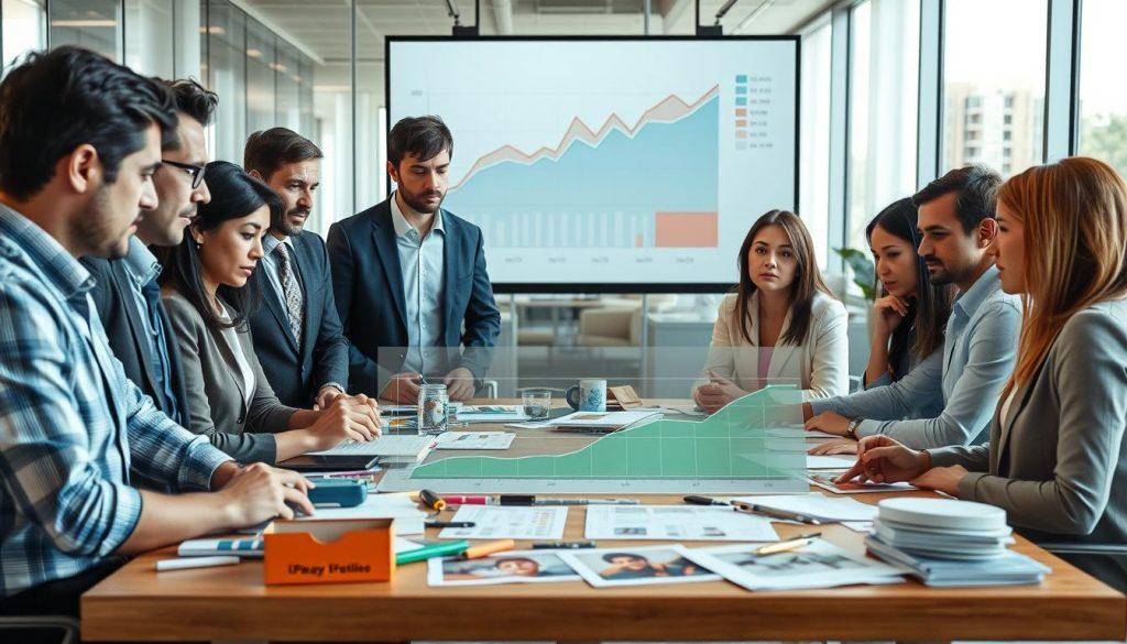 A professional business setting illustrating the concept of product selection failure. In the foreground, a group of diverse, business-attired individuals engages in a focused discussion around a large conference table cluttered with product samples and charts. Their expressions reflect concern and determination, emphasizing the theme of learning from mistakes. In the middle ground, a large digital projection displays a detailed graph showing sales trends, with highlighted areas indicating poor-performing products. The background features a modern office with glass walls, natural light pouring in, creating a bright, open atmosphere. The scene conveys a mood of collaboration and problem-solving, hinting at insights gained from past experiences. The lighting is warm and inviting, capturing the seriousness yet hopeful tone of the discussion. A professional business setting illustrating the concept of product selection failure. In the foreground, a group of diverse, business-attired individuals engages in a focused discussion around a large conference table cluttered with product samples and charts. Their expressions reflect concern and determination, emphasizing the theme of learning from mistakes. In the middle ground, a large digital projection displays a detailed graph showing sales trends, with highlighted areas indicating poor-performing products. The background features a modern office with glass walls, natural light pouring in, creating a bright, open atmosphere. The scene conveys a mood of collaboration and problem-solving, hinting at insights gained from past experiences. The lighting is warm and inviting, capturing the seriousness yet hopeful tone of the discussion.