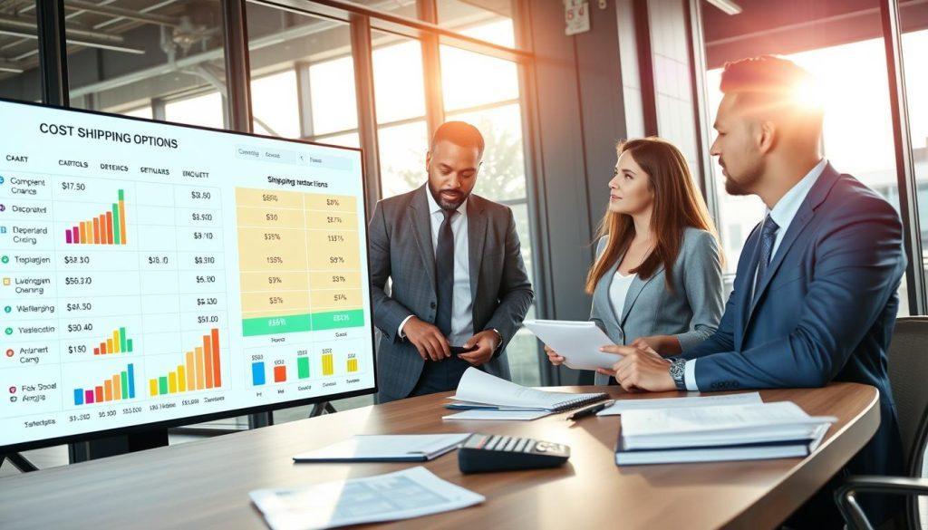 A professional business setting showcasing a cost comparison chart of shipping options for logistics management, emphasizing the financial challenges faced by e-commerce beginners. In the foreground, depict a diverse group of three professionals in business attire, engaged in a discussion while analyzing a large digital screen displaying various shipping costs and choice metrics represented by colorful graphs and icons. The middle ground features a conference table filled with documents, notebooks, and a calculator, indicating a collaborative effort in decision-making. In the background, sunlight streams through large windows, casting a warm glow on the modern office environment. The mood is focused and analytical, reinforcing the importance of informed logistics choices for cost control in e-commerce operations. A professional business setting showcasing a cost comparison chart of shipping options for logistics management, emphasizing the financial challenges faced by e-commerce beginners. In the foreground, depict a diverse group of three professionals in business attire, engaged in a discussion while analyzing a large digital screen displaying various shipping costs and choice metrics represented by colorful graphs and icons. The middle ground features a conference table filled with documents, notebooks, and a calculator, indicating a collaborative effort in decision-making. In the background, sunlight streams through large windows, casting a warm glow on the modern office environment. The mood is focused and analytical, reinforcing the importance of informed logistics choices for cost control in e-commerce operations.