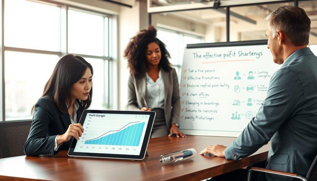 A professional business setting showcasing a group of diverse individuals engaged in a discussion around a large table. In the foreground, a focused Asian woman in business attire points to a digital tablet displaying a graph analyzing ineffective profit-sharing strategies, while a middle-aged Caucasian man listens intently, taking notes. In the middle, a young Black woman stands beside a whiteboard filled with bullet points highlighting the five common reasons for ineffective promotions, depicted through clear visuals like icons and charts. The background features a modern office environment with large windows letting in natural light, creating a bright and professional atmosphere. The image has a balanced composition, emphasizing teamwork and analysis, with warm lighting to convey a collaborative mood. A professional business setting showcasing a group of diverse individuals engaged in a discussion around a large table. In the foreground, a focused Asian woman in business attire points to a digital tablet displaying a graph analyzing ineffective profit-sharing strategies, while a middle-aged Caucasian man listens intently, taking notes. In the middle, a young Black woman stands beside a whiteboard filled with bullet points highlighting the five common reasons for ineffective promotions, depicted through clear visuals like icons and charts. The background features a modern office environment with large windows letting in natural light, creating a bright and professional atmosphere. The image has a balanced composition, emphasizing teamwork and analysis, with warm lighting to convey a collaborative mood.
