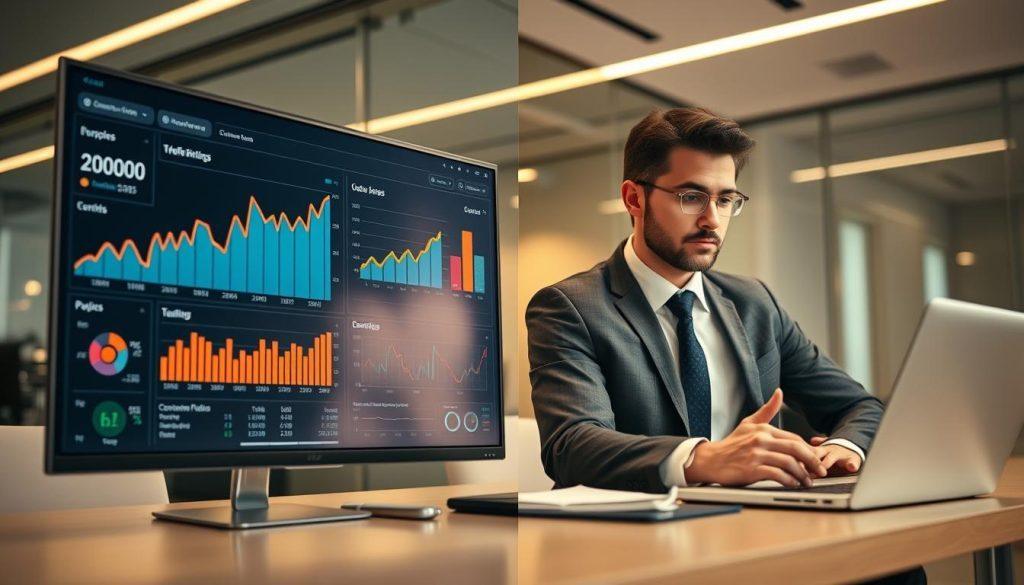 A professional business setting showcasing a split-screen concept. On the left, a digital analytics dashboard displaying metrics such as click-through rates and conversion rates, with vivid graphs and charts. On the right, a thoughtful business person in professional attire, studying the data with a laptop open in front of them. The background features a modern office environment, with soft, warm lighting creating a focused atmosphere. The scene captures a moment of contemplation and strategy, emphasizing the importance of a clear call to action in improving conversion rates. The perspective is slightly angled from above to highlight both the dashboard and the person, conveying urgency and professionalism in the task at hand. A professional business setting showcasing a split-screen concept. On the left, a digital analytics dashboard displaying metrics such as click-through rates and conversion rates, with vivid graphs and charts. On the right, a thoughtful business person in professional attire, studying the data with a laptop open in front of them. The background features a modern office environment, with soft, warm lighting creating a focused atmosphere. The scene captures a moment of contemplation and strategy, emphasizing the importance of a clear call to action in improving conversion rates. The perspective is slightly angled from above to highlight both the dashboard and the person, conveying urgency and professionalism in the task at hand.