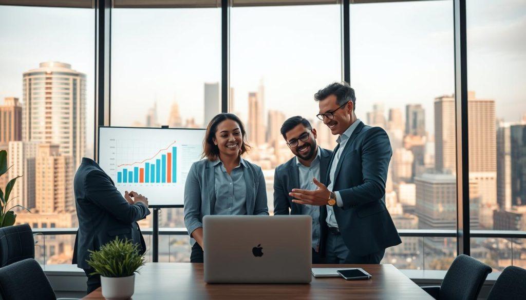 A professional business setting showcasing a successful seller's case study. In the foreground, a confident, diverse group of three individuals dressed in smart casual attire, engaging in a discussion around a laptop, celebrating their achievements. The middle ground features a modern office space, with charts and graphs displayed on a large screen, illustrating growth and success. In the background, large windows offer a view of a bustling cityscape bathed in warm, natural light, creating an optimistic atmosphere. The composition is framed with a slight upward angle, emphasizing the group's achievement and collaborative spirit. The overall mood conveys motivation and hope within a thriving business environment. A professional business setting showcasing a successful seller's case study. In the foreground, a confident, diverse group of three individuals dressed in smart casual attire, engaging in a discussion around a laptop, celebrating their achievements. The middle ground features a modern office space, with charts and graphs displayed on a large screen, illustrating growth and success. In the background, large windows offer a view of a bustling cityscape bathed in warm, natural light, creating an optimistic atmosphere. The composition is framed with a slight upward angle, emphasizing the group's achievement and collaborative spirit. The overall mood conveys motivation and hope within a thriving business environment.