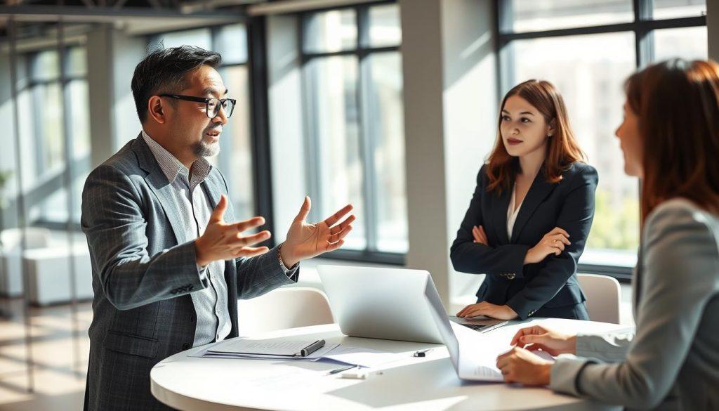 A professional business setting where a diverse group of individuals are engaged in a respectful and constructive conversation. In the foreground, two people are depicted: one person, a middle-aged Asian man in a smart casual outfit, is explaining a concept with open hand gestures, while the other person, a young Caucasian woman in business attire, listens attentively, displaying a thoughtful expression. The middle ground shows a round table cluttered with documents and a laptop. In the background, a soft-focus view of a modern office with large windows allowing natural light, casting gentle shadows. The overall mood is collaborative and encouraging, emphasizing open dialogue and understanding, and the lighting is bright and inviting, creating a welcoming atmosphere. A professional business setting where a diverse group of individuals are engaged in a respectful and constructive conversation. In the foreground, two people are depicted: one person, a middle-aged Asian man in a smart casual outfit, is explaining a concept with open hand gestures, while the other person, a young Caucasian woman in business attire, listens attentively, displaying a thoughtful expression. The middle ground shows a round table cluttered with documents and a laptop. In the background, a soft-focus view of a modern office with large windows allowing natural light, casting gentle shadows. The overall mood is collaborative and encouraging, emphasizing open dialogue and understanding, and the lighting is bright and inviting, creating a welcoming atmosphere.