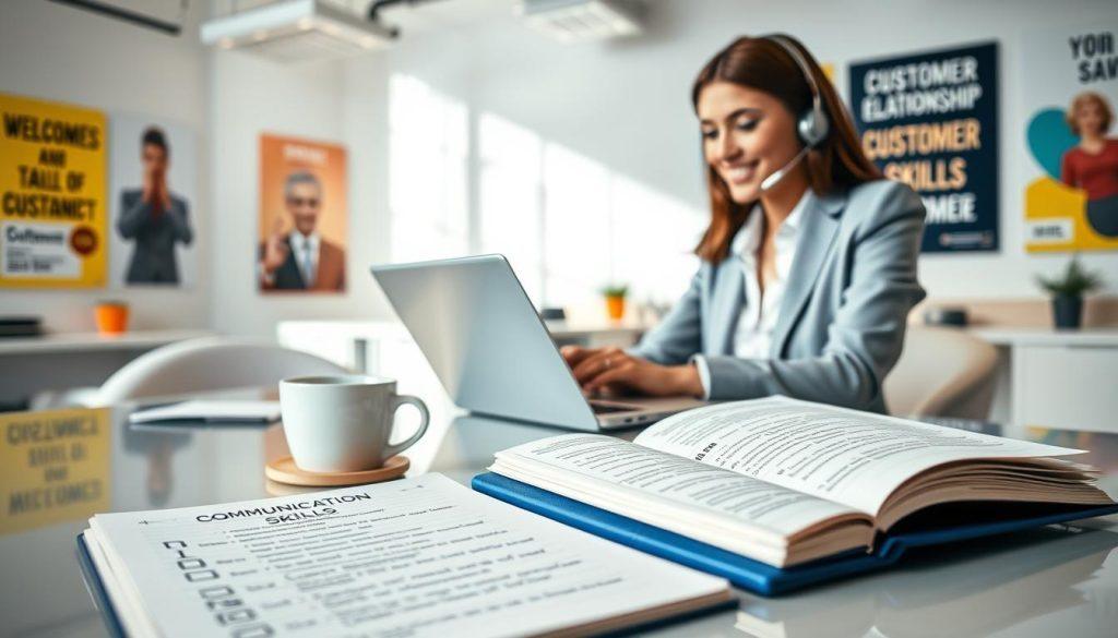A professional customer service representative sitting at a sleek desk, engaging with a customer over a laptop. The foreground features the representative, a young woman in smart business attire, focused and attentive, with a warm smile. The middle ground showcases an open notebook filled with notes on communication skills and strategies, along with a cup of coffee. In the background, a vibrant office environment is visible, with motivational posters on the walls about customer relationship management. Soft, natural lighting floods the scene, creating a welcoming atmosphere. The lens captures a slight angle, giving depth to the workspace. The overall mood is professional yet inviting, emphasizing effective communication and relationship-building skills. A professional customer service representative sitting at a sleek desk, engaging with a customer over a laptop. The foreground features the representative, a young woman in smart business attire, focused and attentive, with a warm smile. The middle ground showcases an open notebook filled with notes on communication skills and strategies, along with a cup of coffee. In the background, a vibrant office environment is visible, with motivational posters on the walls about customer relationship management. Soft, natural lighting floods the scene, creating a welcoming atmosphere. The lens captures a slight angle, giving depth to the workspace. The overall mood is professional yet inviting, emphasizing effective communication and relationship-building skills.
