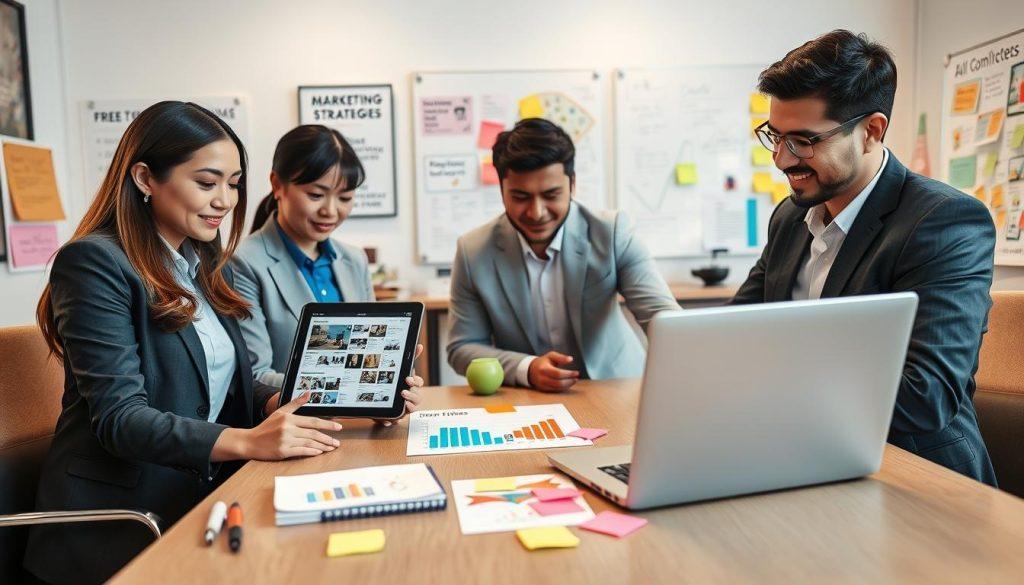 A professional, engaging workspace showcasing SEO optimization strategies for e-commerce, specifically focusing on product titles and descriptions. The foreground features a diverse group of four individuals, including a woman and a man of Asian descent, both dressed in smart business attire, studying a digital tablet filled with product data. In the middle, a sleek desk is adorned with a laptop, SEO analytics graphs, and colorful sticky notes, emphasizing creativity and strategy. The background holds a modern office environment with motivational posters and a whiteboard covered in marketing strategies. The lighting is bright and inviting, creating an atmosphere of collaboration and innovation. The camera angle is slightly above eye level, capturing the dynamic and focused interaction amongst the team without any text or distractions. A professional, engaging workspace showcasing SEO optimization strategies for e-commerce, specifically focusing on product titles and descriptions. The foreground features a diverse group of four individuals, including a woman and a man of Asian descent, both dressed in smart business attire, studying a digital tablet filled with product data. In the middle, a sleek desk is adorned with a laptop, SEO analytics graphs, and colorful sticky notes, emphasizing creativity and strategy. The background holds a modern office environment with motivational posters and a whiteboard covered in marketing strategies. The lighting is bright and inviting, creating an atmosphere of collaboration and innovation. The camera angle is slightly above eye level, capturing the dynamic and focused interaction amongst the team without any text or distractions.