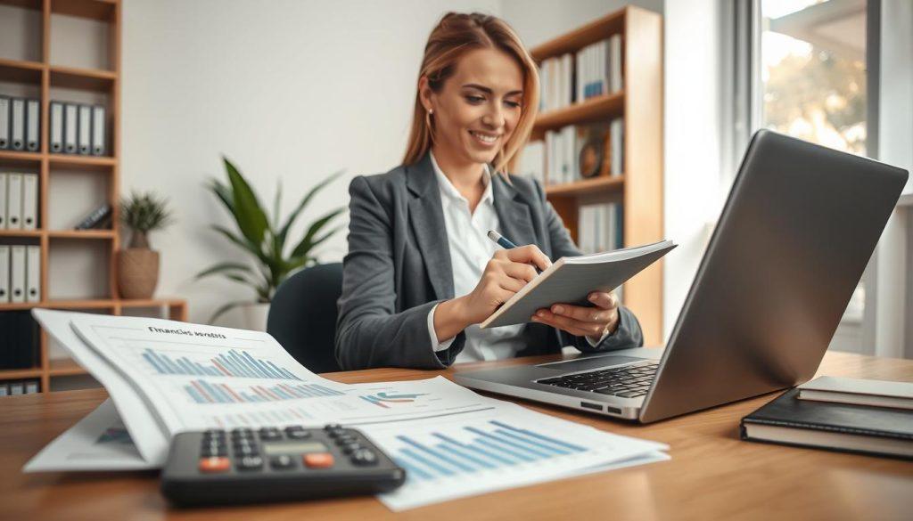 A professional-looking workspace featuring a female seller analyzing financial data on a laptop while jotting down notes on a notepad. In the foreground, showcase a close-up of financial reports, graphs, and charts illustrating revenue streams, alongside a calculator. In the middle, display the focused seller in smart casual attire, highlighting her engaged expression as she reviews sales data. The background should have a minimalist office setting with a potted plant and a bookshelf filled with finance-related books, softly illuminated by natural light pouring in from a nearby window. The overall atmosphere should feel organized, studious, and empowering, capturing the essence of financial management and cost control for online sellers. A professional-looking workspace featuring a female seller analyzing financial data on a laptop while jotting down notes on a notepad. In the foreground, showcase a close-up of financial reports, graphs, and charts illustrating revenue streams, alongside a calculator. In the middle, display the focused seller in smart casual attire, highlighting her engaged expression as she reviews sales data. The background should have a minimalist office setting with a potted plant and a bookshelf filled with finance-related books, softly illuminated by natural light pouring in from a nearby window. The overall atmosphere should feel organized, studious, and empowering, capturing the essence of financial management and cost control for online sellers.