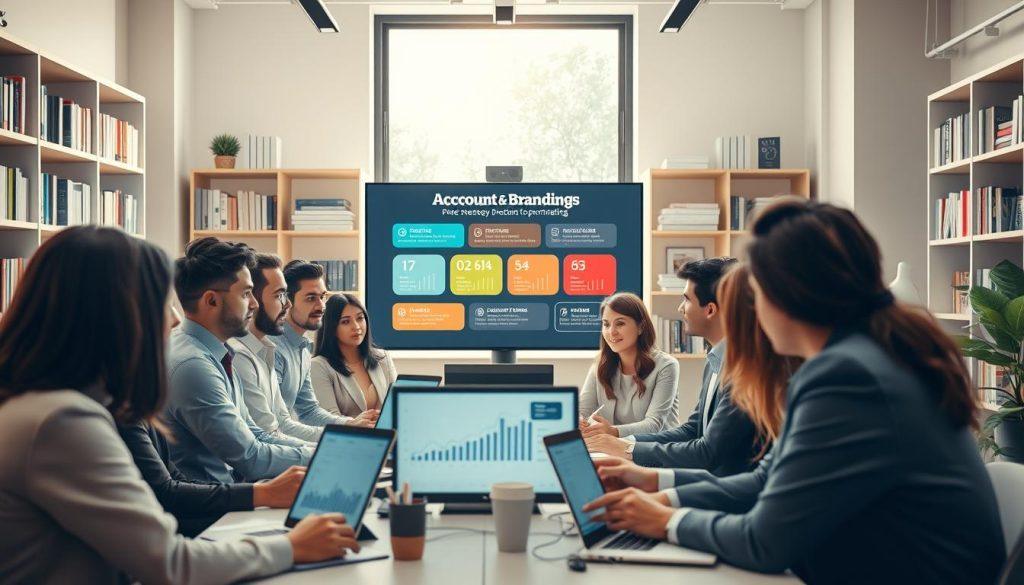 A professional-looking workspace showcasing the concept of personal branding and account optimization strategies. In the foreground, a diverse group of individuals in business attire are engaged in a brainstorming session, surrounded by digital devices displaying graphs and analytics related to social media. In the middle, a large screen shows a colorful infographic highlighting steps to build a personal brand. The background features shelves filled with marketing books and a large window allowing natural light to flood the space, creating a bright and inviting atmosphere. The overall mood is collaborative and innovative, with soft lighting enhancing the focus on teamwork and strategy development. The angle is slightly above eye level to capture the engagement of the group and the details of the workspace. A professional-looking workspace showcasing the concept of personal branding and account optimization strategies. In the foreground, a diverse group of individuals in business attire are engaged in a brainstorming session, surrounded by digital devices displaying graphs and analytics related to social media. In the middle, a large screen shows a colorful infographic highlighting steps to build a personal brand. The background features shelves filled with marketing books and a large window allowing natural light to flood the space, creating a bright and inviting atmosphere. The overall mood is collaborative and innovative, with soft lighting enhancing the focus on teamwork and strategy development. The angle is slightly above eye level to capture the engagement of the group and the details of the workspace.
