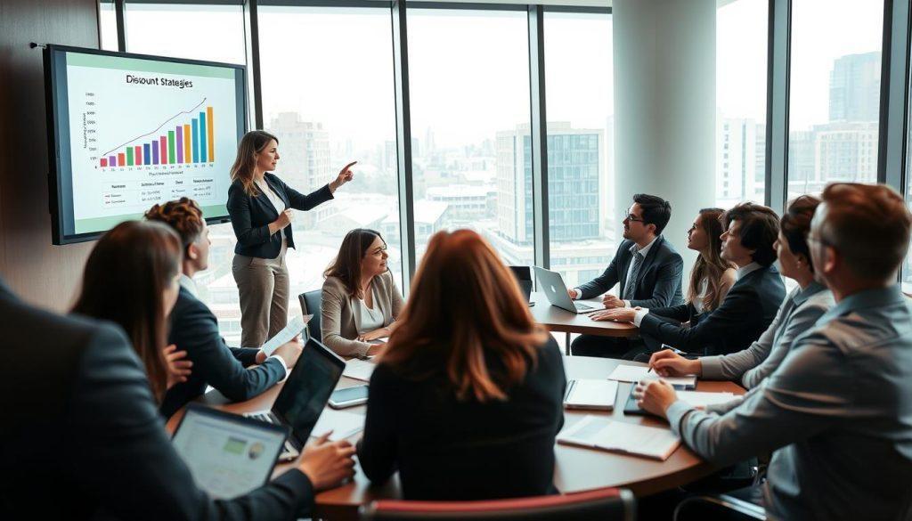 A professional meeting room featuring a diverse group of business professionals engaged in a dynamic discussion about discount strategies and pricing techniques. In the foreground, a female presenter pointing at a colorful chart on a digital screen showcasing various discount graphs and pricing tiers. In the middle, a round table filled with participants in business attire, taking notes and actively debating strategies, with laptops and papers scattered around. The background displays a large window with city views, allowing natural light to flood the room, creating a bright and inspiring atmosphere. The scene captures the seriousness yet collaborative mood of a practical training session, emphasizing strategy and teamwork in a modern corporate environment. A professional meeting room featuring a diverse group of business professionals engaged in a dynamic discussion about discount strategies and pricing techniques. In the foreground, a female presenter pointing at a colorful chart on a digital screen showcasing various discount graphs and pricing tiers. In the middle, a round table filled with participants in business attire, taking notes and actively debating strategies, with laptops and papers scattered around. The background displays a large window with city views, allowing natural light to flood the room, creating a bright and inspiring atmosphere. The scene captures the seriousness yet collaborative mood of a practical training session, emphasizing strategy and teamwork in a modern corporate environment.