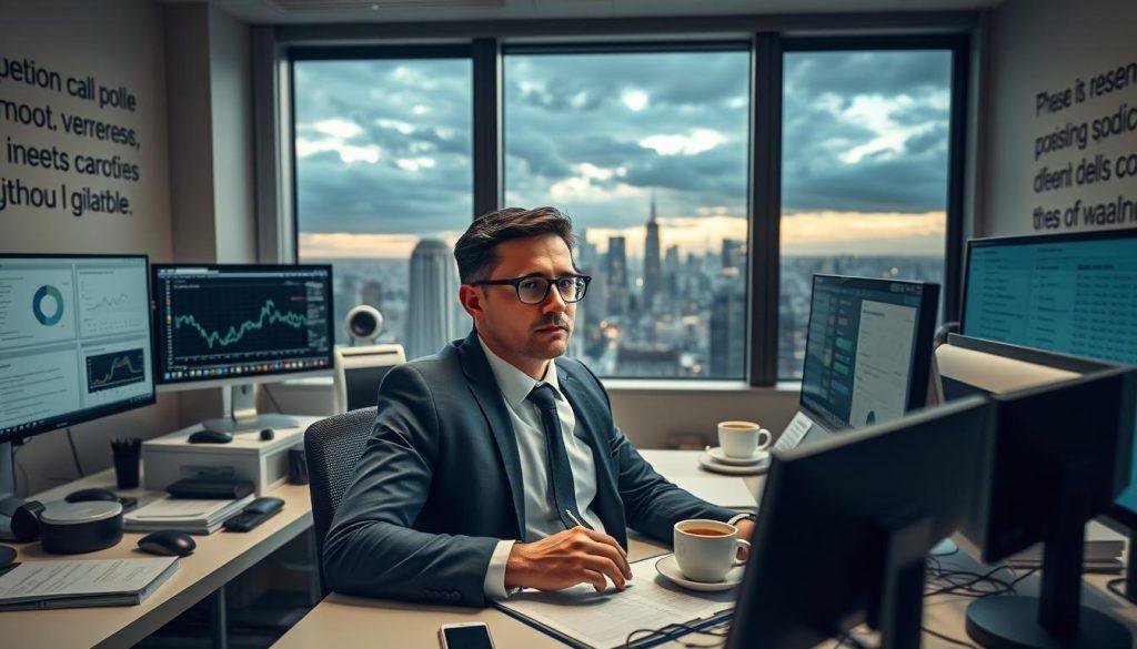 A professional office environment showcasing the challenges faced by autonomous agents. In the foreground, a focused businessperson, dressed in smart business attire, is seated at a modern desk cluttered with technology—multiple monitors displaying graphs and data, a smartphone, and coffee cups. In the middle, a large window reveals a cityscape under a darkening sky, symbolizing looming challenges and the hustle of urban life. The background features a wall adorned with motivational quotes about perseverance and innovation. Soft, ambient lighting creates a thoughtful atmosphere, highlighting the individual's concentrated expression. The camera angle is slightly above eye level, emphasizing both the subject and the overwhelming tasks surrounding them, while maintaining a professional tone throughout the composition. A professional office environment showcasing the challenges faced by autonomous agents. In the foreground, a focused businessperson, dressed in smart business attire, is seated at a modern desk cluttered with technology—multiple monitors displaying graphs and data, a smartphone, and coffee cups. In the middle, a large window reveals a cityscape under a darkening sky, symbolizing looming challenges and the hustle of urban life. The background features a wall adorned with motivational quotes about perseverance and innovation. Soft, ambient lighting creates a thoughtful atmosphere, highlighting the individual's concentrated expression. The camera angle is slightly above eye level, emphasizing both the subject and the overwhelming tasks surrounding them, while maintaining a professional tone throughout the composition.