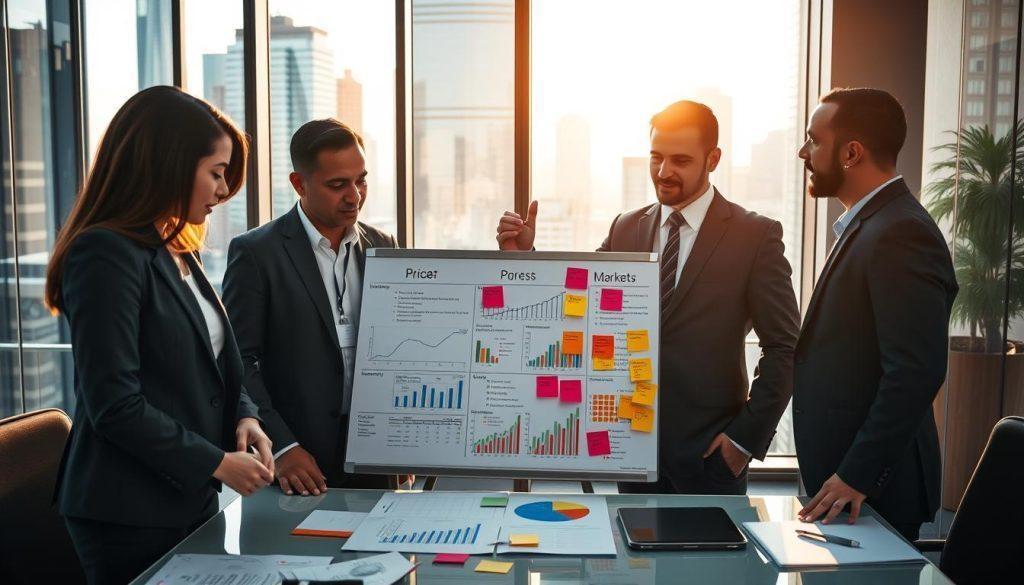 A professional office setting depicting a business meeting focused on pricing strategy and market analysis. In the foreground, a diverse group of three individuals in smart business attire (one Asian woman, one Black man, one Caucasian man) discussing a chart showcasing pricing models and market trends. In the middle ground, a large whiteboard filled with colorful graphs, diagrams, and sticky notes highlighting key strategies. The background shows a modern office environment with a city skyline view through glass windows, bathed in warm afternoon sunlight that creates a vibrant yet focused atmosphere. The camera angle captures the scene from a slightly elevated perspective, giving depth to the discussion while maintaining clarity on the visual elements. A professional office setting depicting a business meeting focused on pricing strategy and market analysis. In the foreground, a diverse group of three individuals in smart business attire (one Asian woman, one Black man, one Caucasian man) discussing a chart showcasing pricing models and market trends. In the middle ground, a large whiteboard filled with colorful graphs, diagrams, and sticky notes highlighting key strategies. The background shows a modern office environment with a city skyline view through glass windows, bathed in warm afternoon sunlight that creates a vibrant yet focused atmosphere. The camera angle captures the scene from a slightly elevated perspective, giving depth to the discussion while maintaining clarity on the visual elements.