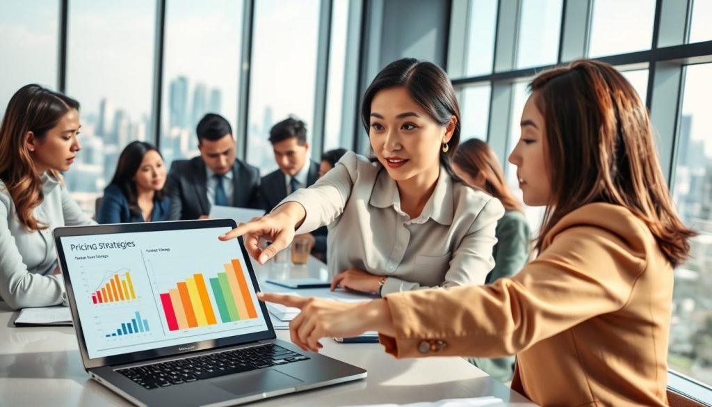A professional office setting featuring a diverse group of businesspeople engaged in a heated discussion around a large conference table. In the foreground, a well-dressed Asian woman points at a colorful chart on a laptop displaying various pricing strategies, with a look of determination. The middle of the scene showcases a mix of Caucasian and Hispanic colleagues examining graphs and notes with intense focus. In the background, large glass windows let in natural light, revealing a city skyline, creating a dynamic and modern atmosphere. The lighting is bright and clear, emphasizing the seriousness of the meeting. The overall mood conveys urgency and the importance of strategic decisions in pricing products, reflecting the high stakes of business analysis. A professional office setting featuring a diverse group of businesspeople engaged in a heated discussion around a large conference table. In the foreground, a well-dressed Asian woman points at a colorful chart on a laptop displaying various pricing strategies, with a look of determination. The middle of the scene showcases a mix of Caucasian and Hispanic colleagues examining graphs and notes with intense focus. In the background, large glass windows let in natural light, revealing a city skyline, creating a dynamic and modern atmosphere. The lighting is bright and clear, emphasizing the seriousness of the meeting. The overall mood conveys urgency and the importance of strategic decisions in pricing products, reflecting the high stakes of business analysis.