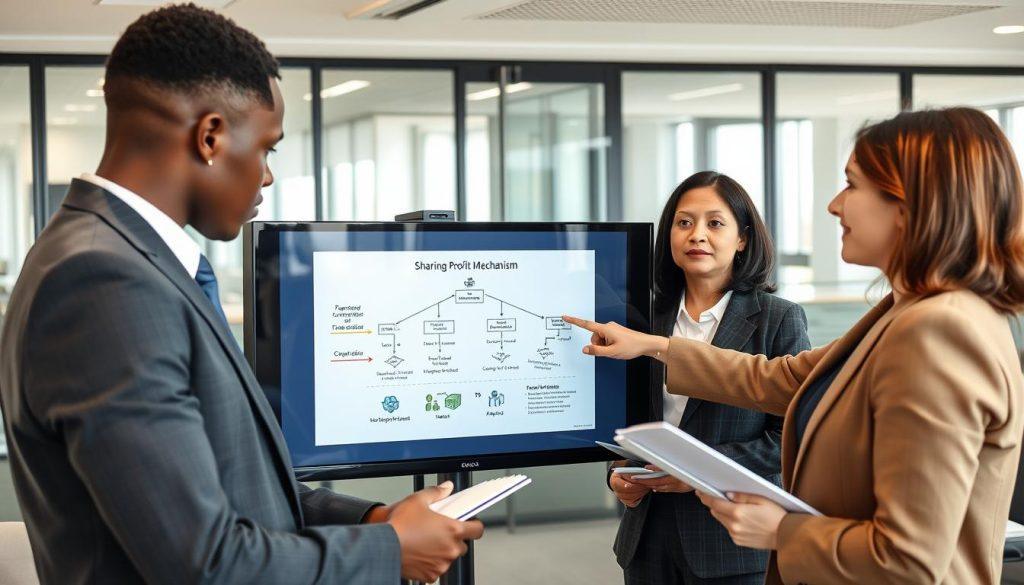 A professional office setting featuring a group of diverse individuals in business attire engaged in a discussion around a large screen displaying a flowchart and graphics that explain a commission distribution mechanism. In the foreground, a middle-aged Asian woman points to a diagram labeled "Sharing Profit Mechanism" with a focused expression. To her left, a young African man takes notes, while a Hispanic woman looks on with interest. The background includes a modern office with glass partitions and natural light streaming in, creating an open and collaborative atmosphere. The lighting is bright and neutral, highlighting the engaged expressions on their faces, evoking a sense of inquiry and professionalism. A professional office setting featuring a group of diverse individuals in business attire engaged in a discussion around a large screen displaying a flowchart and graphics that explain a commission distribution mechanism. In the foreground, a middle-aged Asian woman points to a diagram labeled "Sharing Profit Mechanism" with a focused expression. To her left, a young African man takes notes, while a Hispanic woman looks on with interest. The background includes a modern office with glass partitions and natural light streaming in, creating an open and collaborative atmosphere. The lighting is bright and neutral, highlighting the engaged expressions on their faces, evoking a sense of inquiry and professionalism.