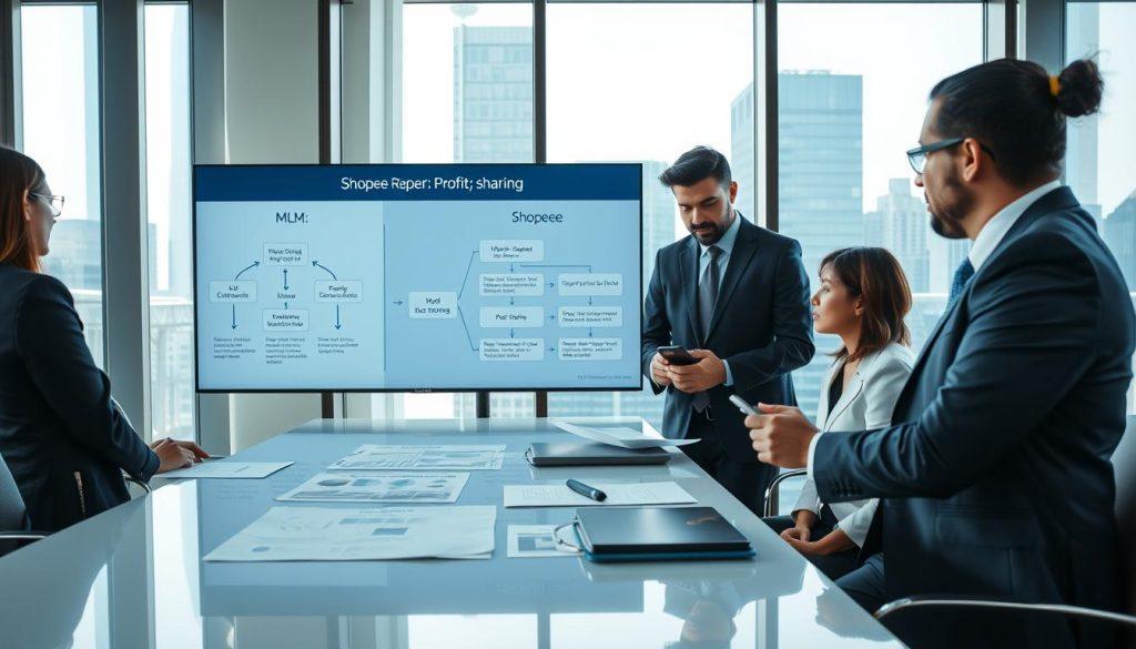 A professional office setting illustrating the contrast between multi-level marketing (MLM) legal regulations and the revenue-sharing model of Shopee. In the foreground, a diverse group of three business professionals, dressed in smart business attire, engaged in a discussion while analyzing charts and documents on a sleek conference table. The middle ground features a large digital screen displaying a visual comparison between MLM structures and Shopee’s profit-sharing flowchart, highlighting key differences. The background includes floor-to-ceiling windows revealing a modern city skyline, bathed in soft, natural light, creating a focused and analytical atmosphere. Use a wide-angle lens to capture the interaction and details vividly, enhancing the professional mood of the scene without any text or overlays. A professional office setting illustrating the contrast between multi-level marketing (MLM) legal regulations and the revenue-sharing model of Shopee. In the foreground, a diverse group of three business professionals, dressed in smart business attire, engaged in a discussion while analyzing charts and documents on a sleek conference table. The middle ground features a large digital screen displaying a visual comparison between MLM structures and Shopee’s profit-sharing flowchart, highlighting key differences. The background includes floor-to-ceiling windows revealing a modern city skyline, bathed in soft, natural light, creating a focused and analytical atmosphere. Use a wide-angle lens to capture the interaction and details vividly, enhancing the professional mood of the scene without any text or overlays.